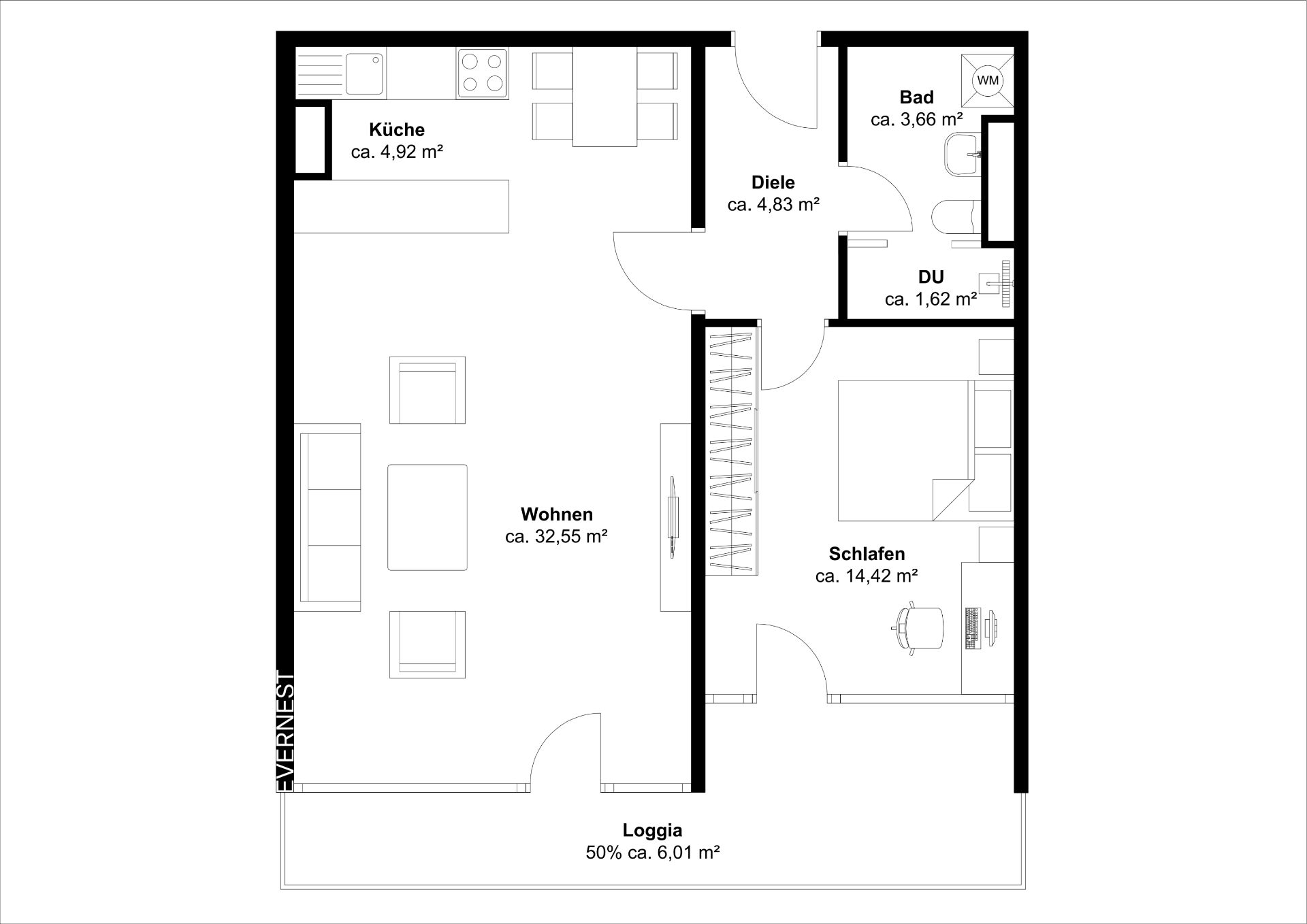 Grundriss einer Wohnung mit Wohnzimmer, Küche, Schlafzimmer, Bad und Balkon.