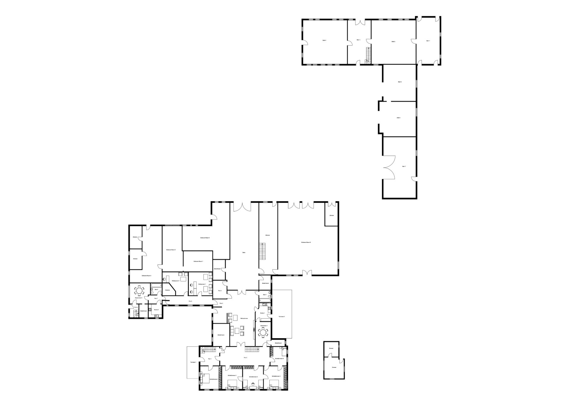 Grundriss eines Wohnhauses mit mehreren Zimmern und Anbauten.