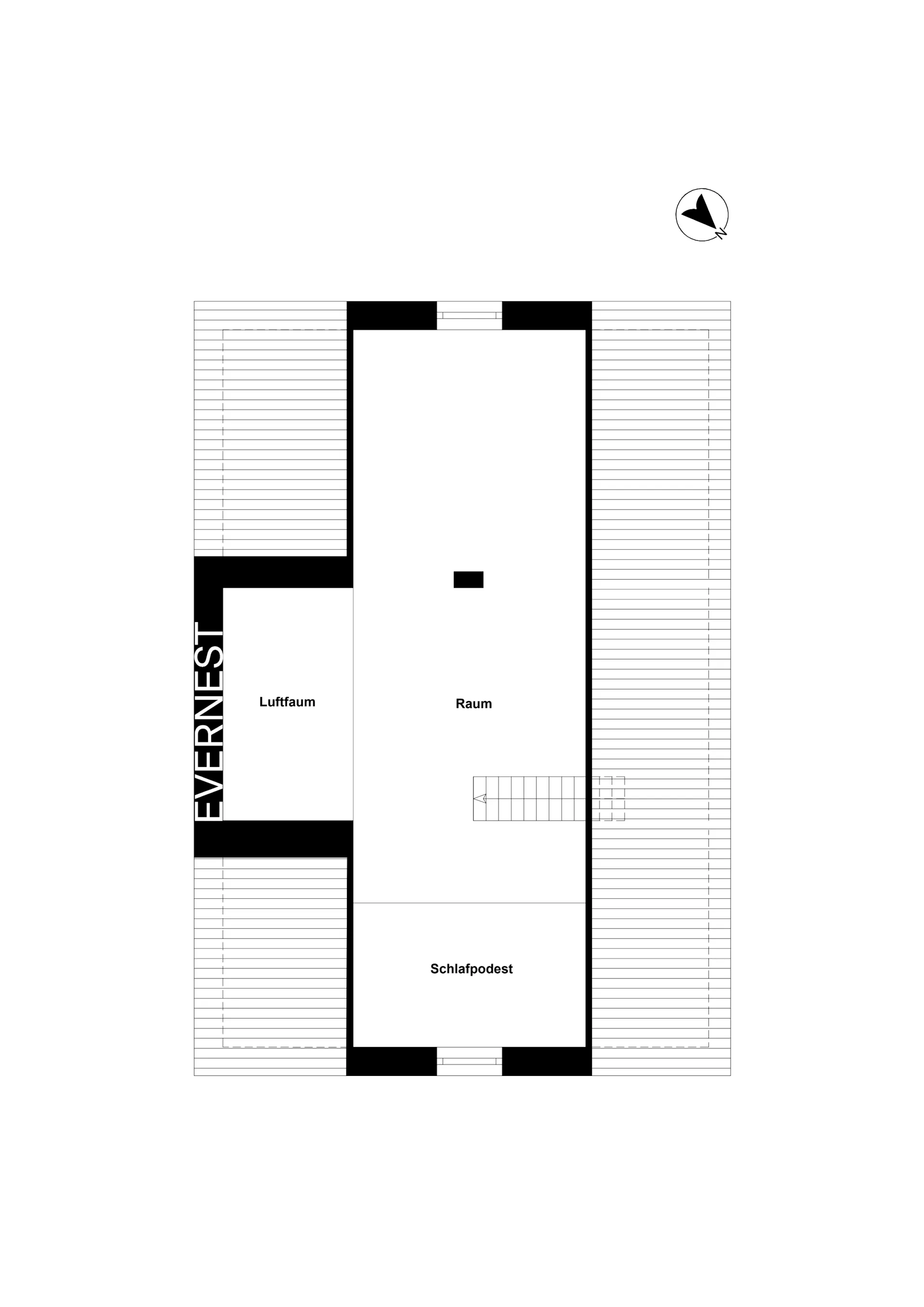 Grundriss mit Raum, Schlafpodest, Luftraum und Treppe, schwarz-weiß dargestellt.