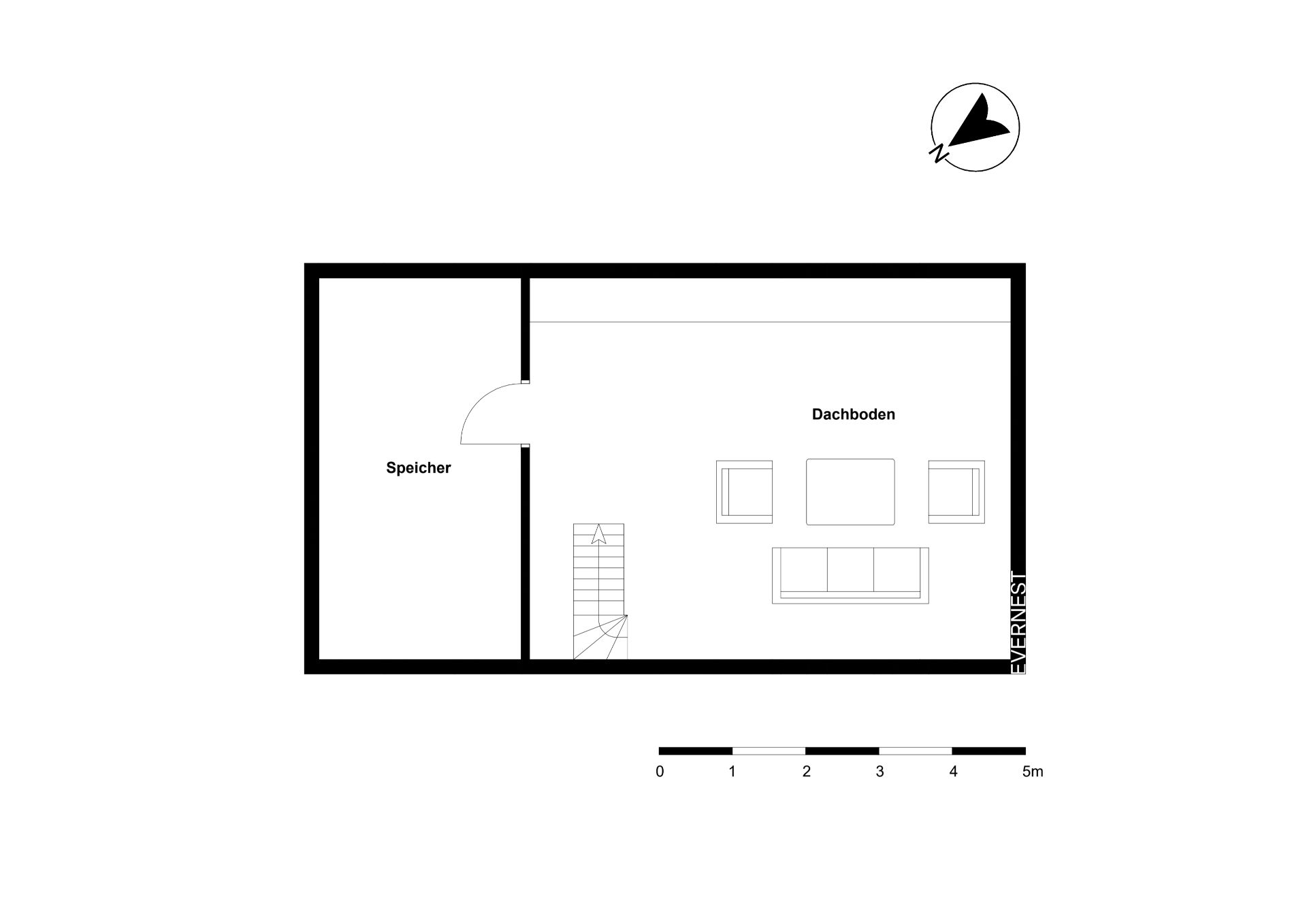 Grundriss mit Dachboden, Speicher und Treppe, Möbel im Dachboden eingezeichnet.