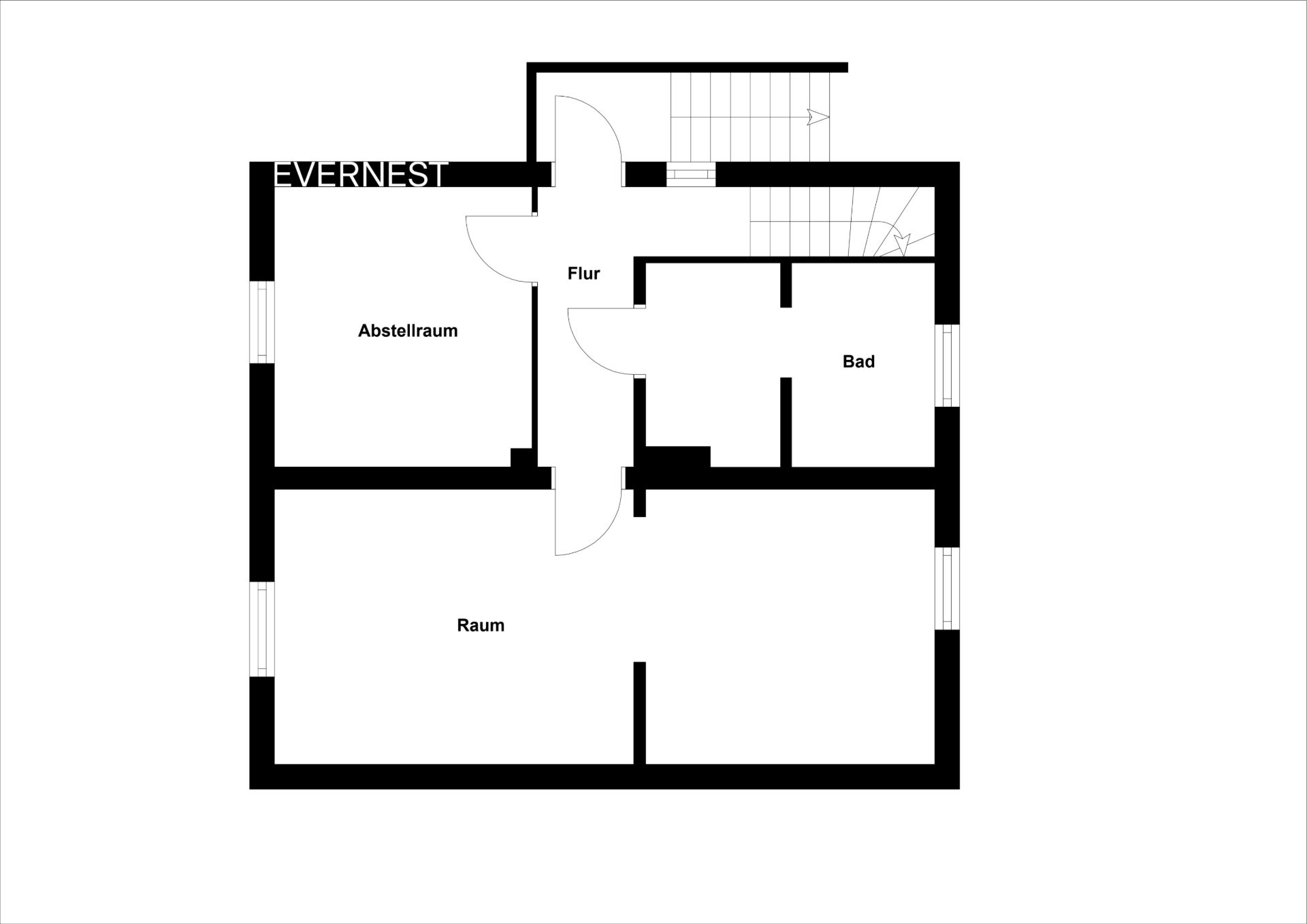Grundriss mit Abstellraum, Flur, Bad und großem Raum.