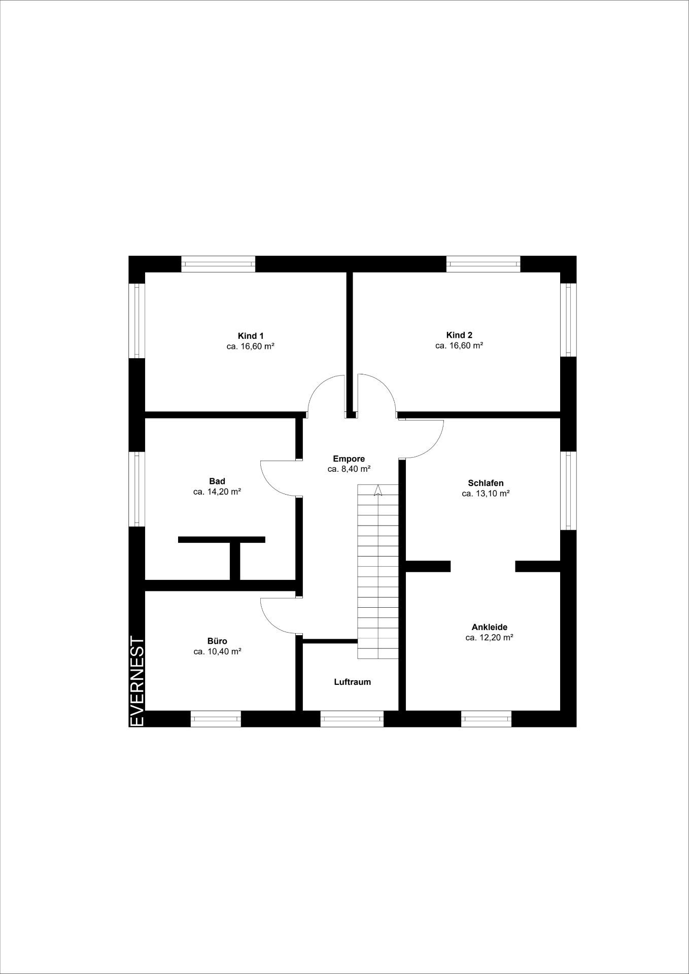 Grundriss einer Etage mit Kinderzimmern, Schlafzimmer, Bad, Büro, Ankleide, Empore und Treppe.