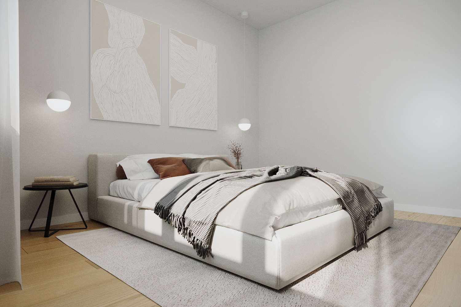 Modernes Schlafzimmer mit Doppelbett, Nachttisch, Teppich und abstrakter Wandkunst.