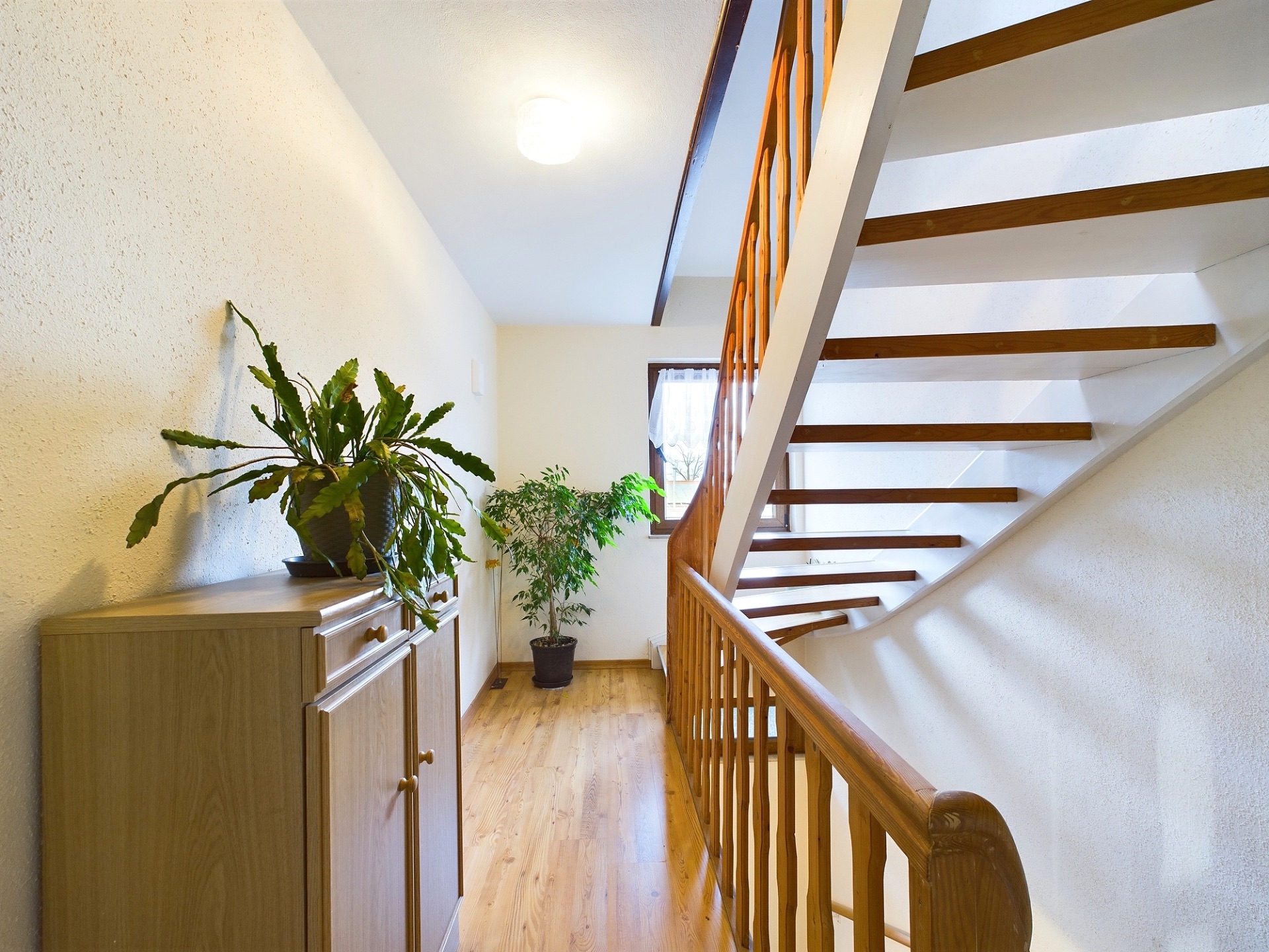 Heller Flur mit Holztreppe, Kommode und zwei grünen Zimmerpflanzen.