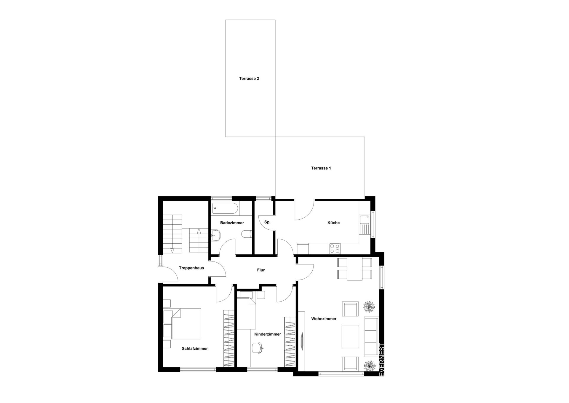 Grundriss einer Wohnung mit Schlafzimmer, Kinderzimmer, Wohnzimmer, Küche, Bad und zwei Terrassen.