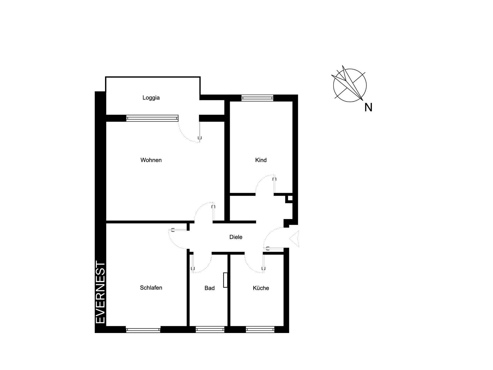 Grundriss einer Wohnung mit Wohnzimmer, Schlafzimmer, Kinderzimmer, Bad, Küche, Diele und Loggia.