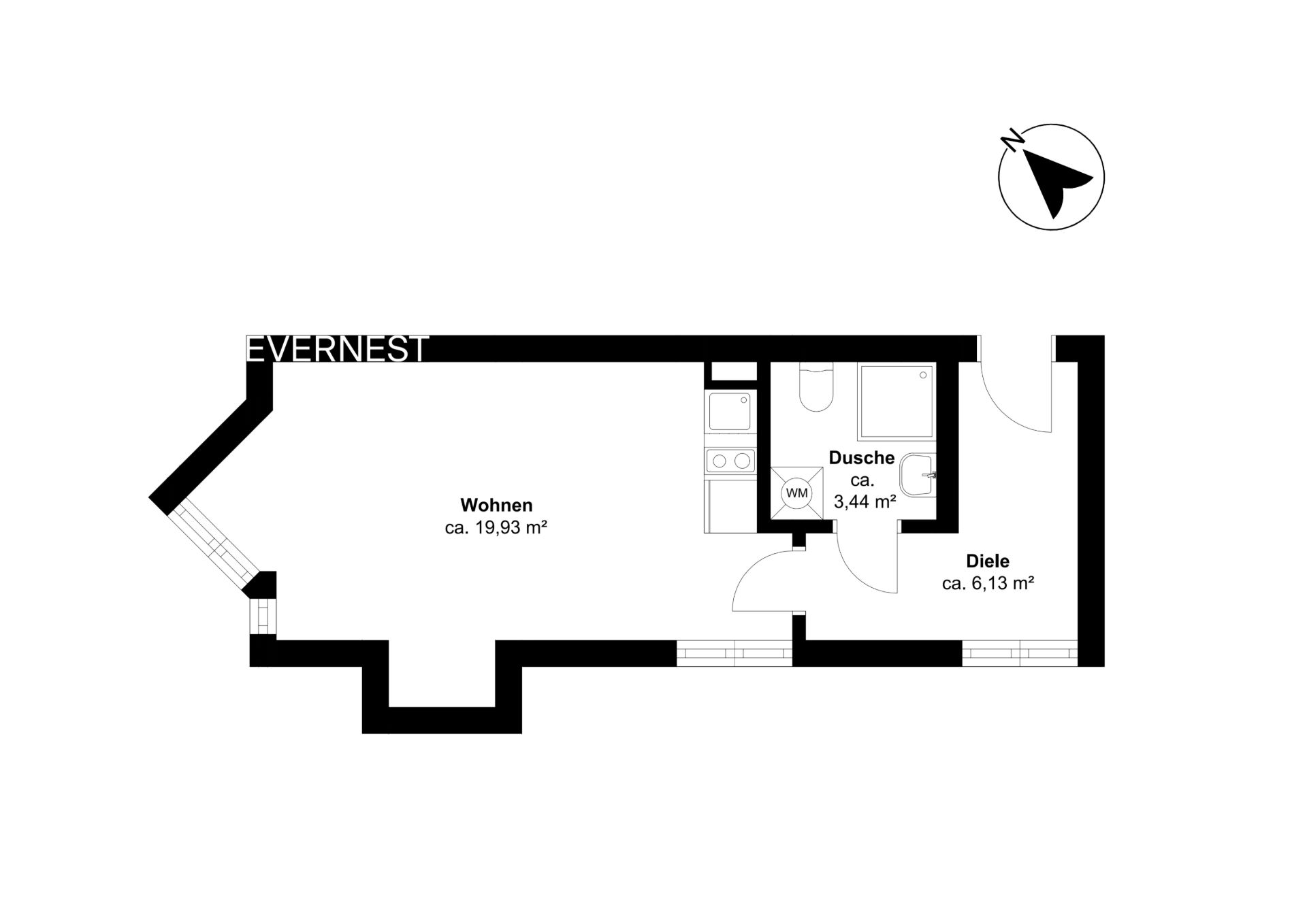 Grundriss einer Wohnung mit Wohnraum, Diele, Dusche und Küche.
