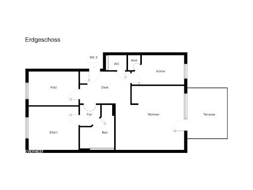 Grundriss des Erdgeschosses mit Räumen wie Kind, Eltern, Bad, Küche, Wohnen und Terrasse.
