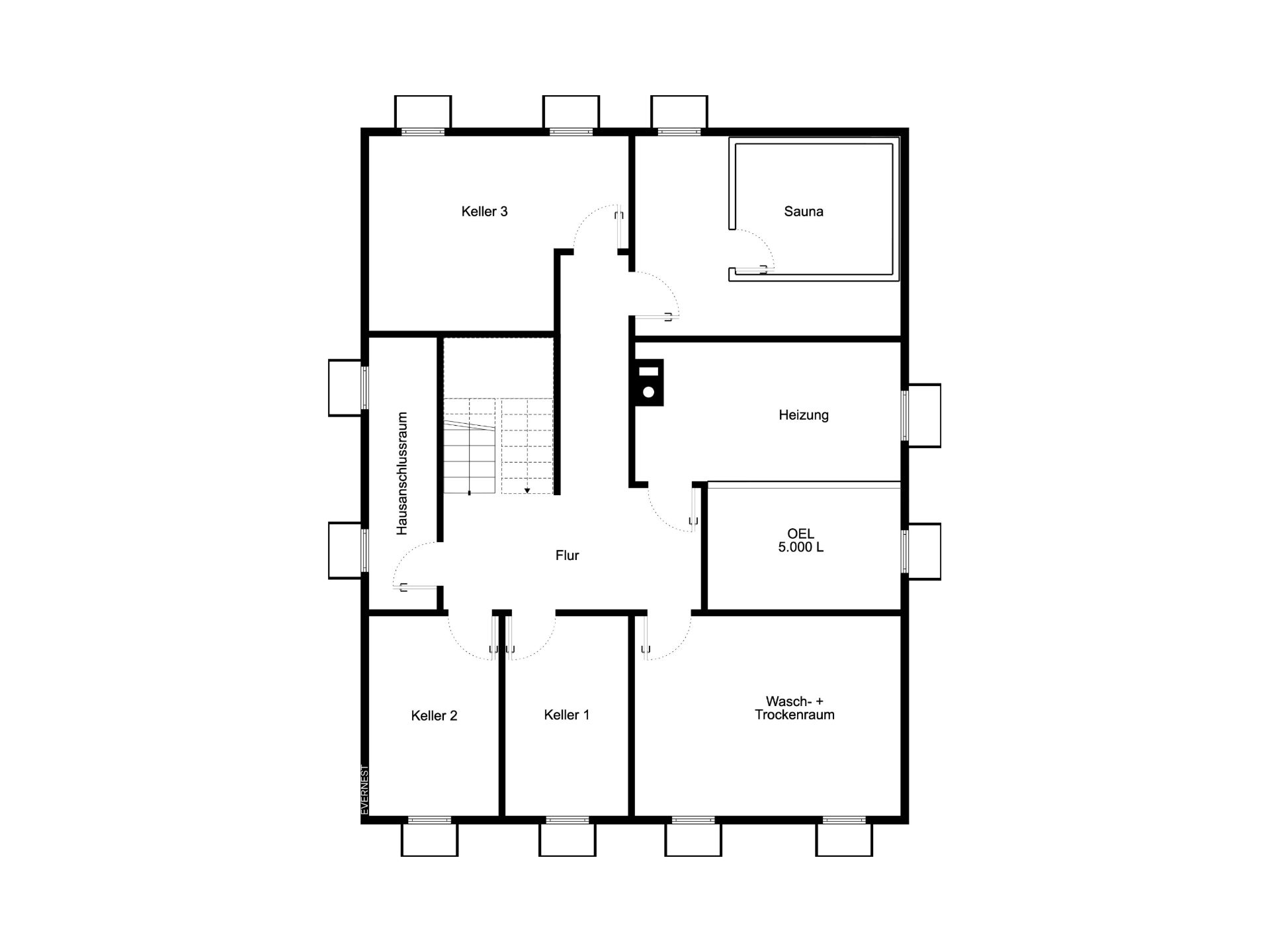 Grundriss des Kellers mit Sauna, Heizungsraum, Waschküche und drei Kellerräumen.