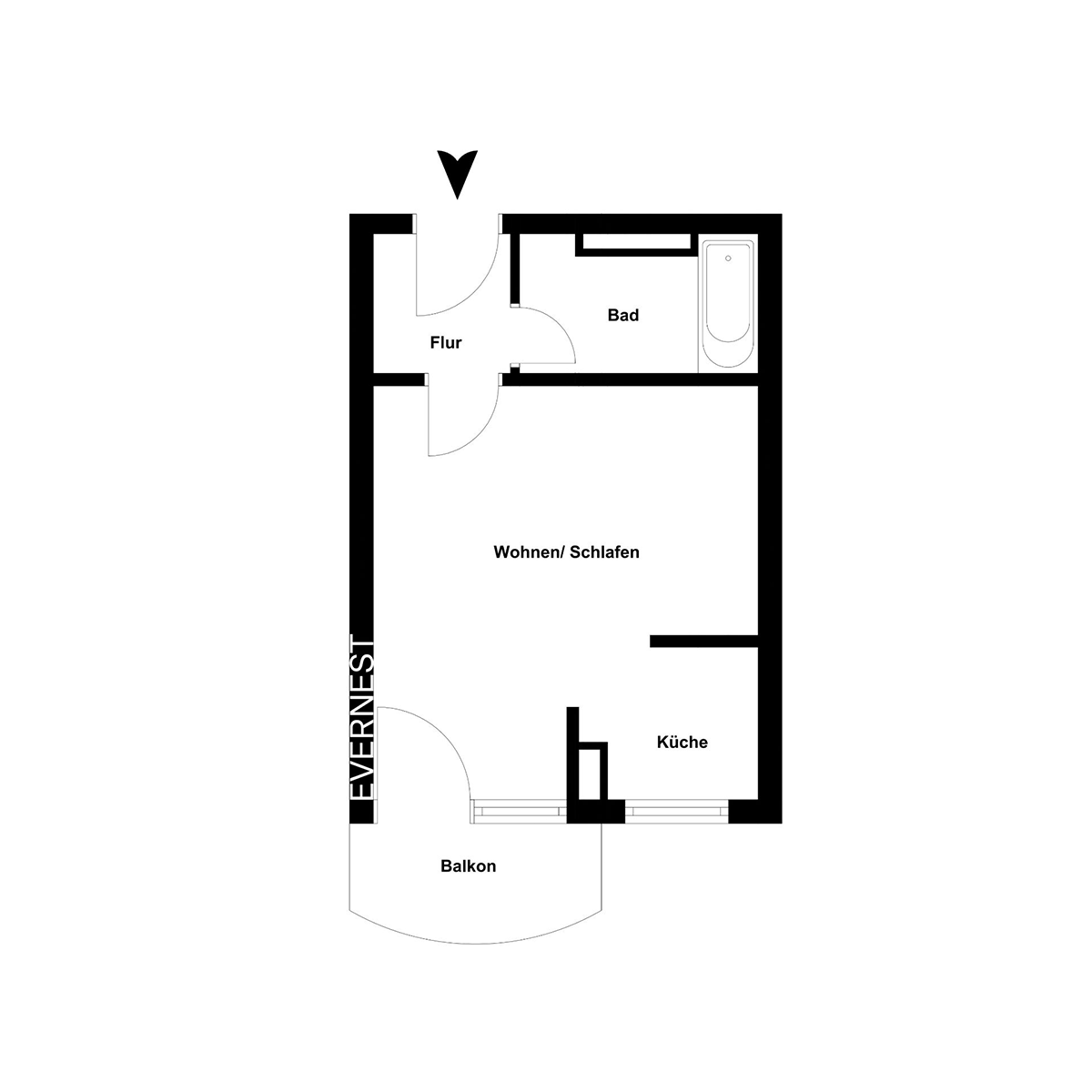 Grundriss einer Wohnung mit Flur, Bad, Wohn-/Schlafraum, Küche und Balkon.