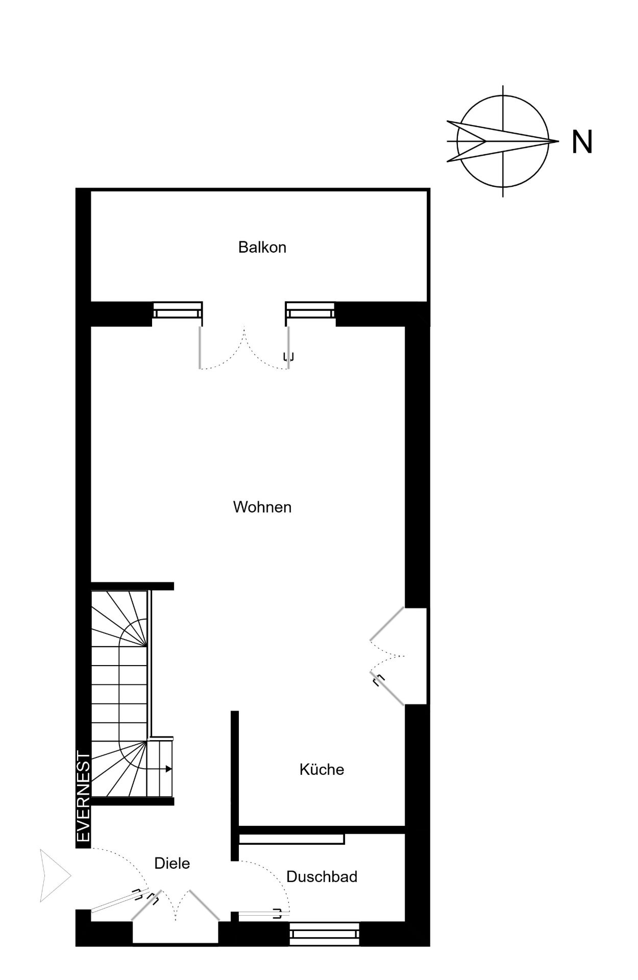 Grundriss einer Wohnung mit Balkon, Wohnzimmer, Küche, Duschbad und Diele.