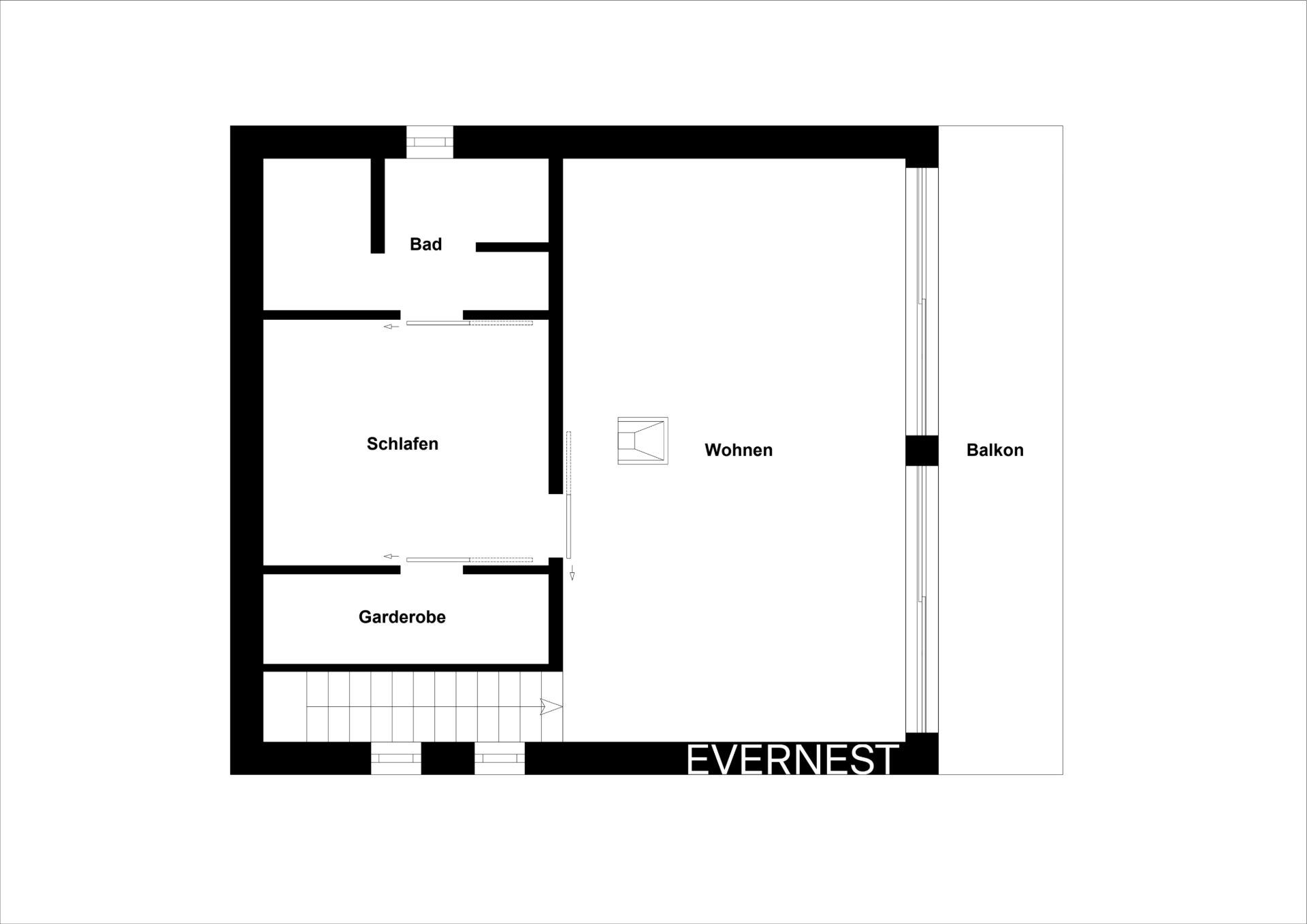 Grundriss mit Bad, Schlafzimmer, Garderobe, Wohnbereich und Balkon.