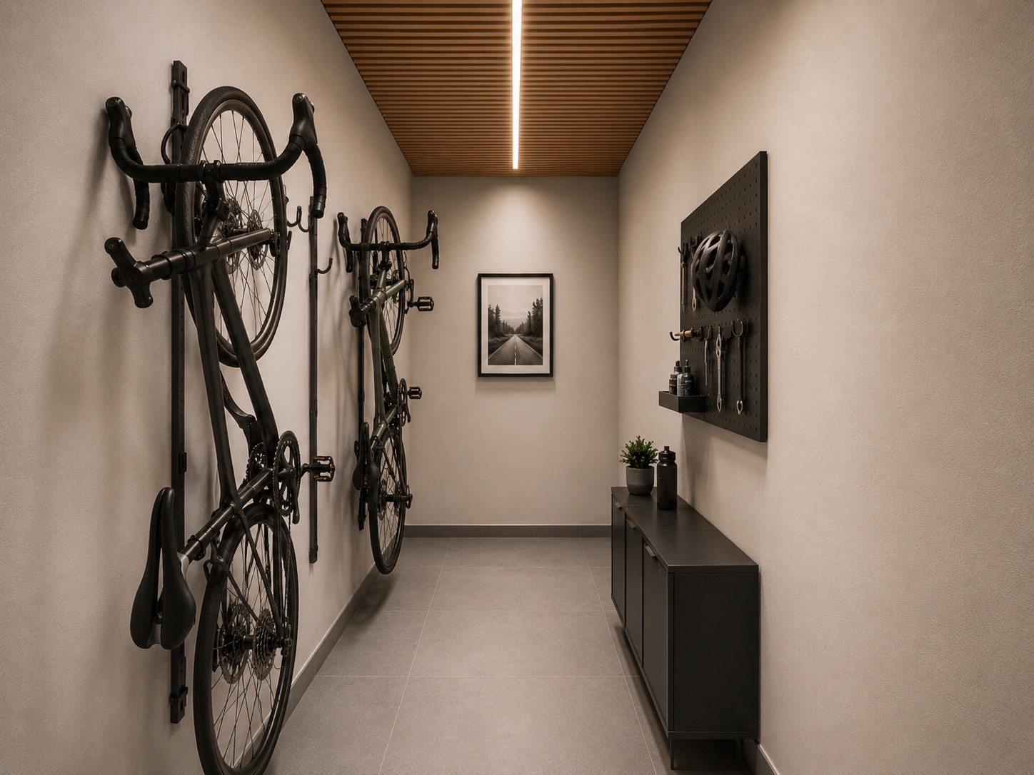 Flur mit zwei an der Wand hängenden Fahrrädern und Aufbewahrung für Fahrradhelme und Accessoires.