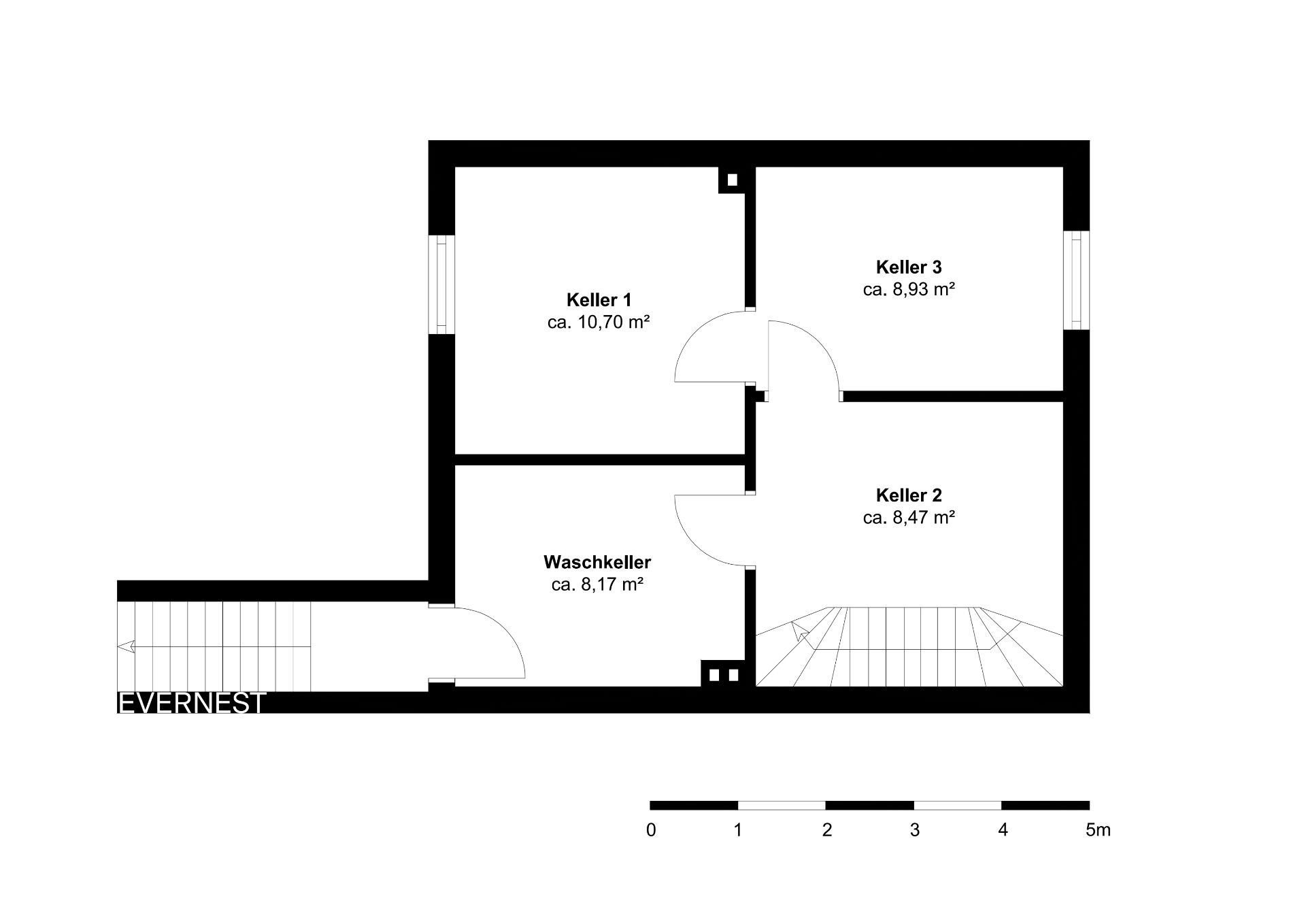 Grundriss mit drei Kellerräumen und einem Waschkeller, Flächenangaben in Quadratmetern.