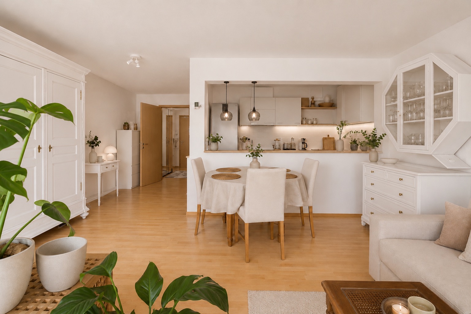 Helles Wohnzimmer mit Esstisch, offener Küche, weißen Möbeln und grünen Zimmerpflanzen.