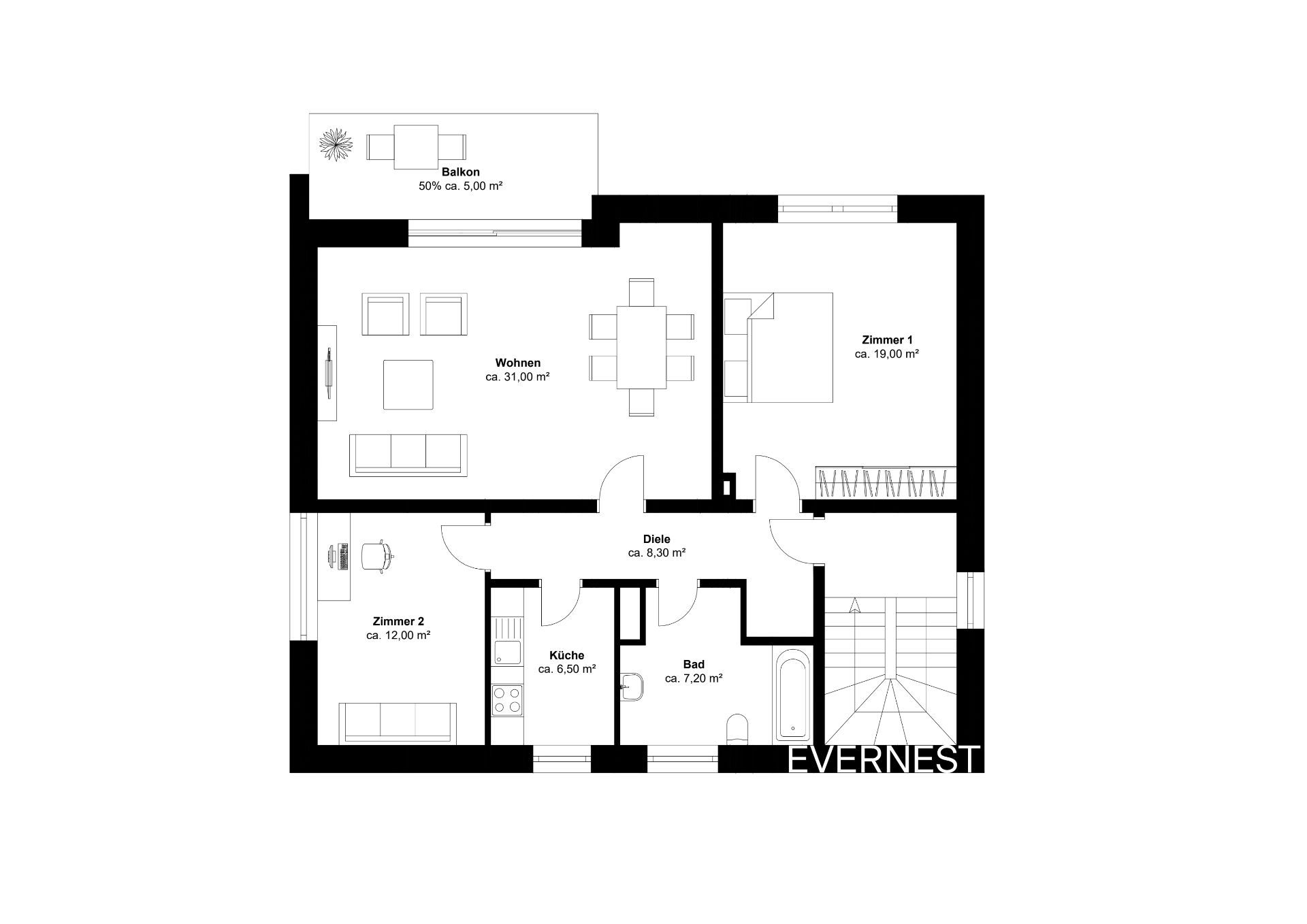 Grundriss einer Wohnung mit Wohnzimmer, zwei Zimmern, Küche, Bad, Diele und Balkon.