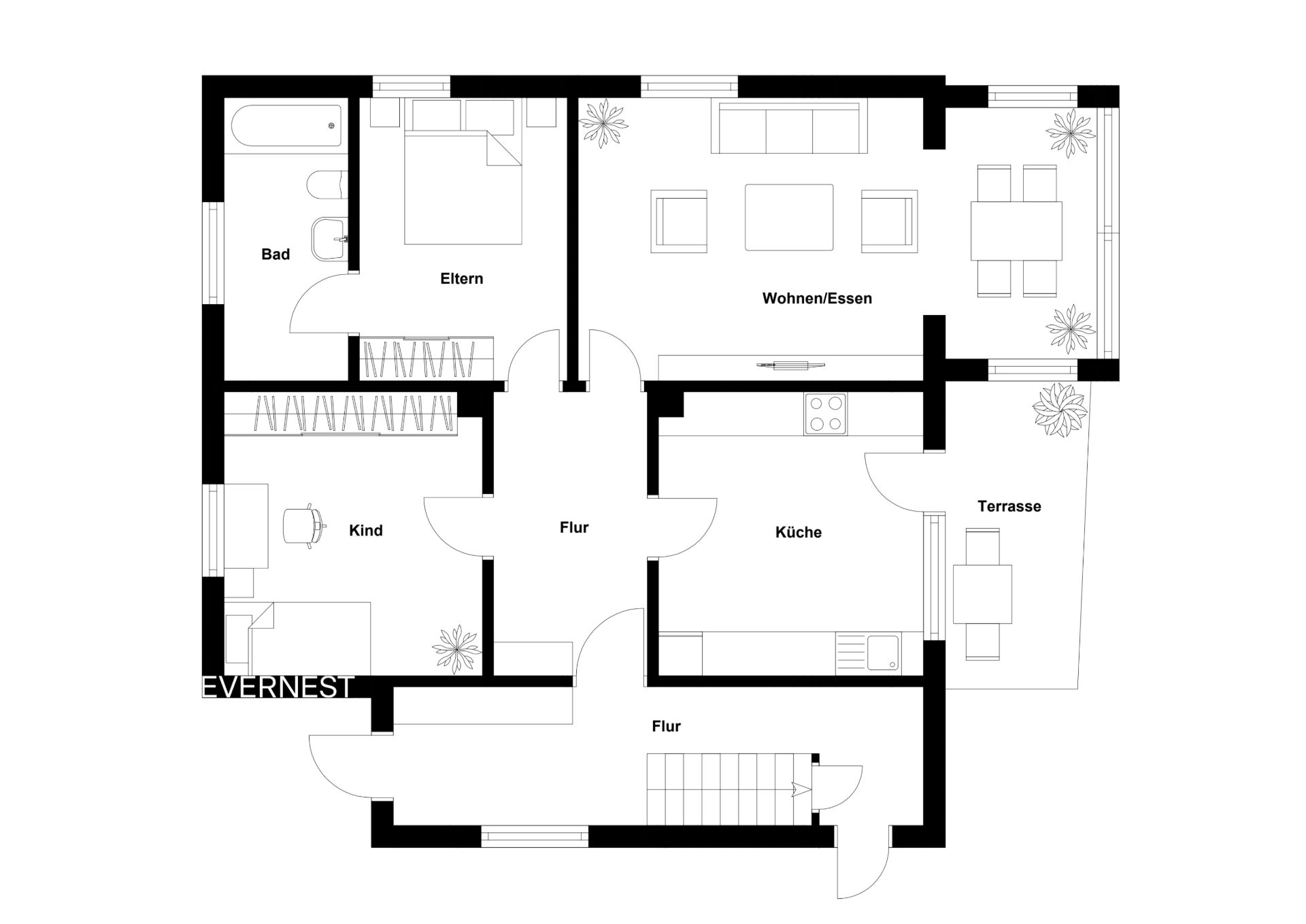 Grundriss einer Wohnung mit Bad, Eltern- und Kinderzimmer, Küche, Wohnbereich und Terrasse.
