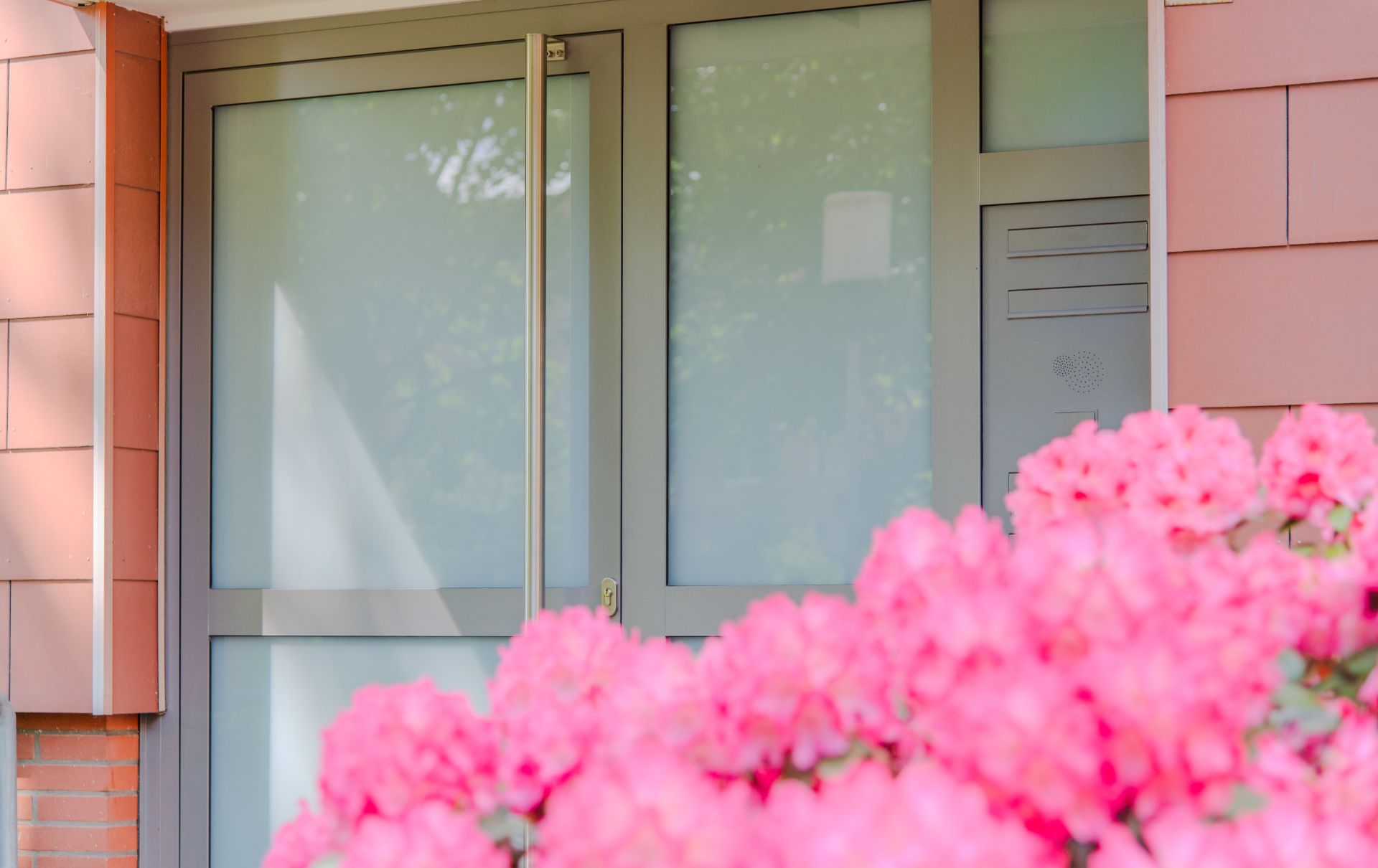 Glastür mit Milchglas und Briefkästen, davor blühende pinke Blumen.