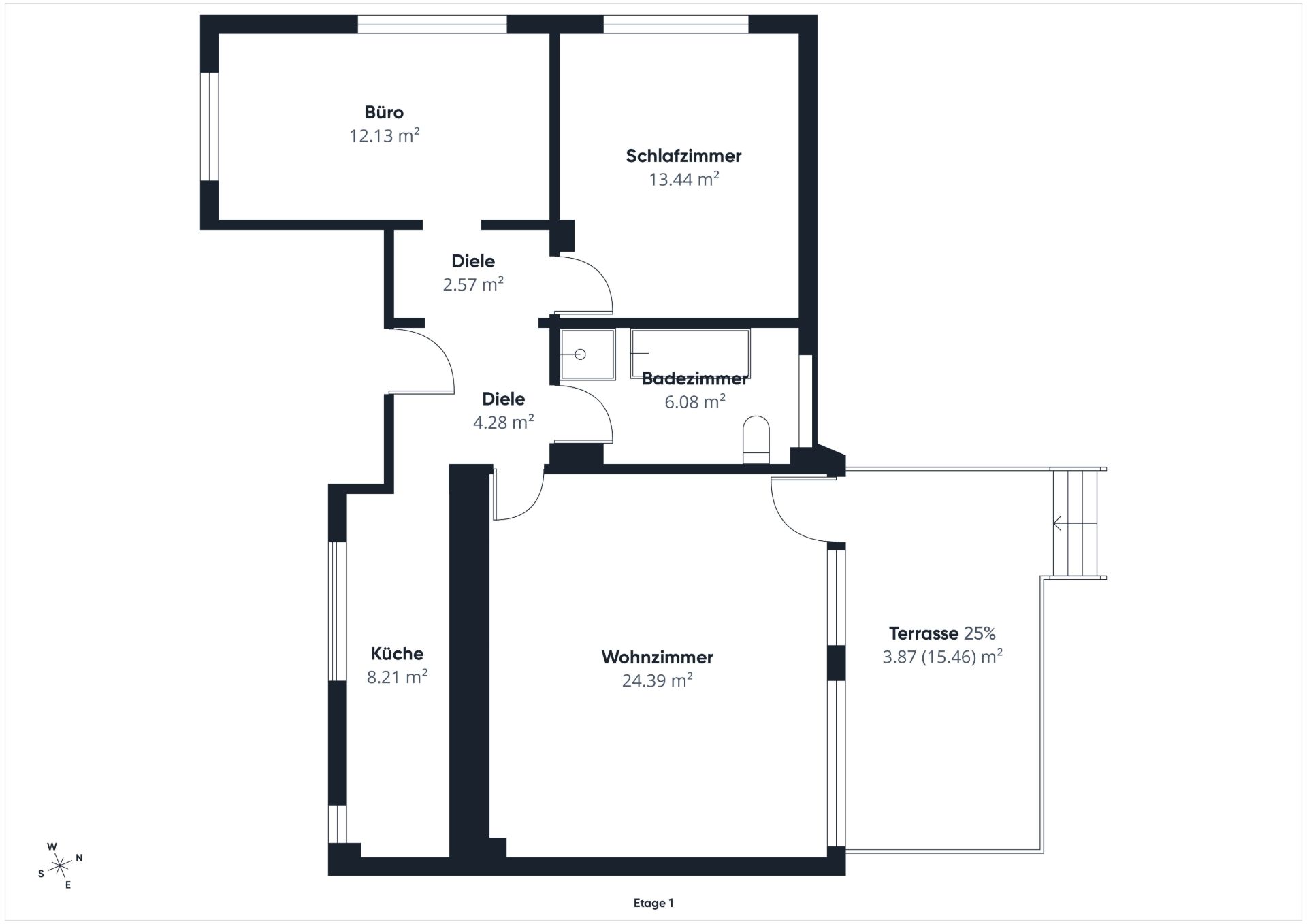 Grundriss einer Wohnung mit Büro, Schlafzimmer, Wohnzimmer, Küche, Bad und Terrasse.