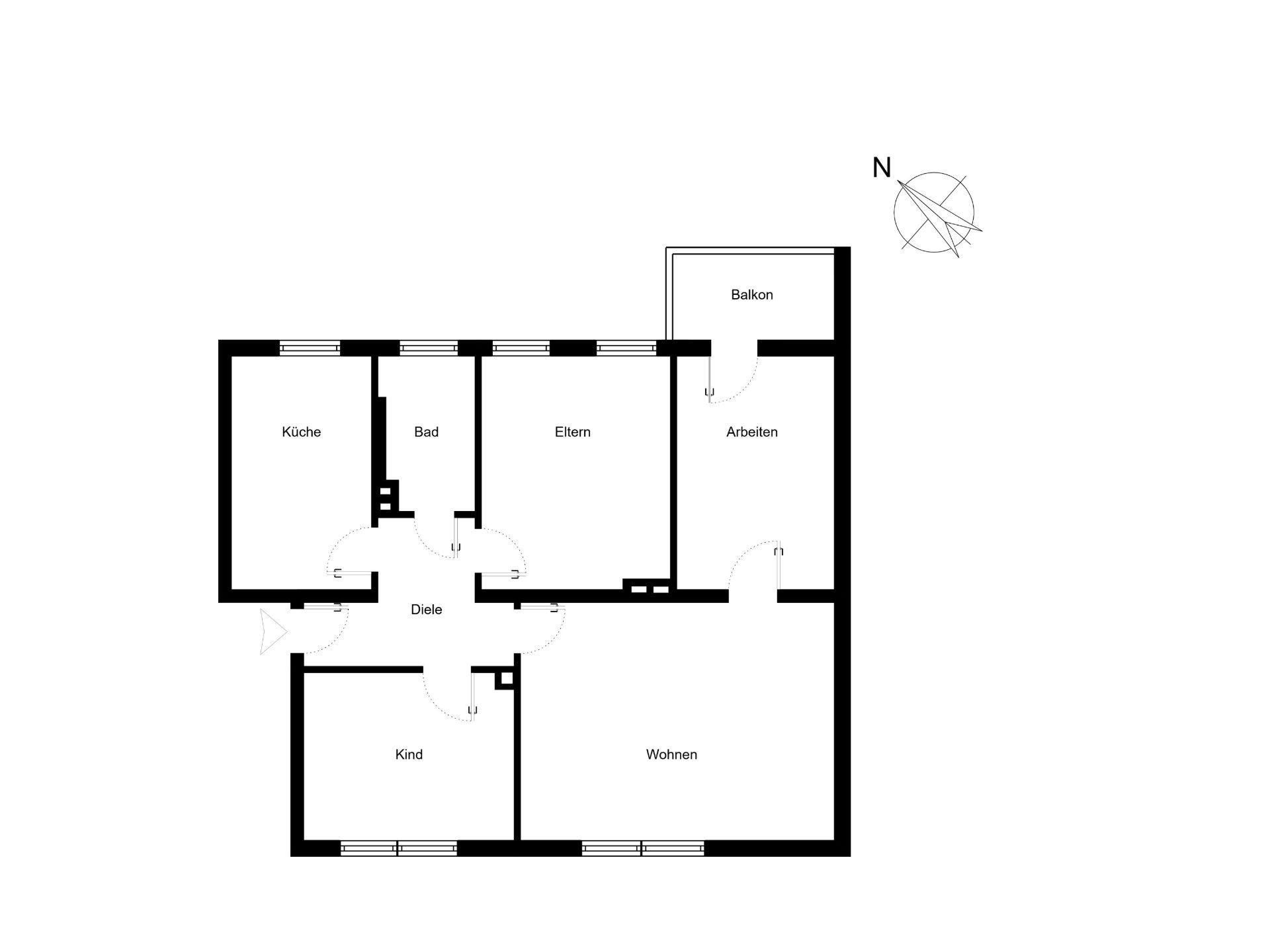 Grundriss einer Wohnung mit Küche, Bad, Eltern-, Kind-, Arbeits- und Wohnzimmer sowie Balkon.