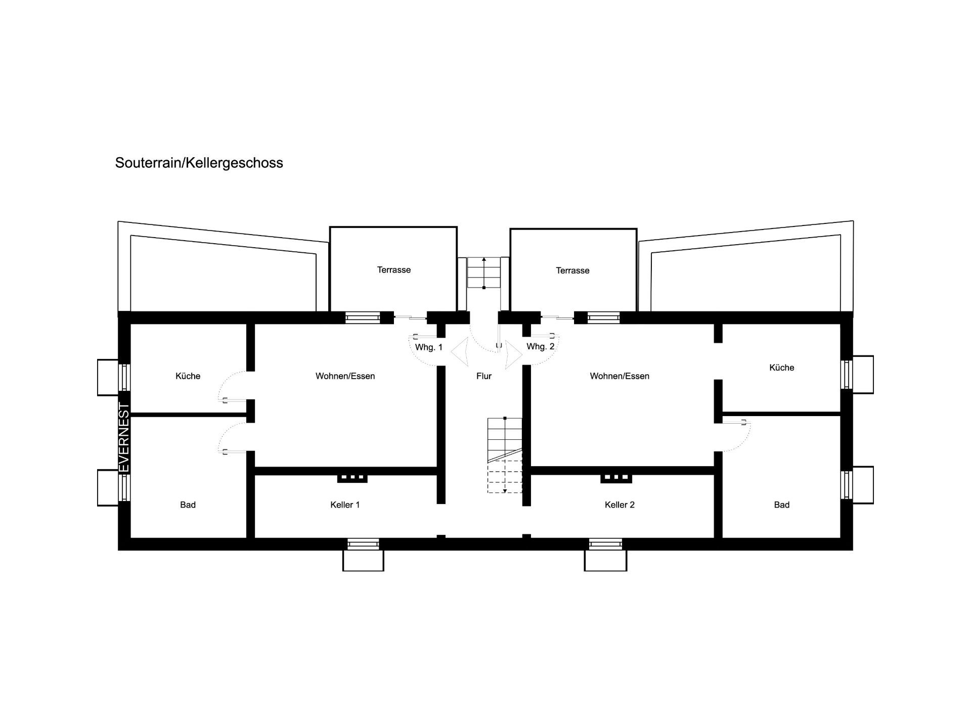 Grundriss eines Kellergeschosses mit zwei Wohnungen, Küchen, Bädern, Kellerräumen und Terrassen.