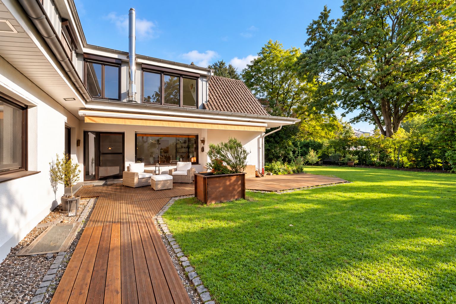 Modernes Haus mit Holzterrasse, Sitzmöbeln und großem Garten bei sonnigem Wetter.