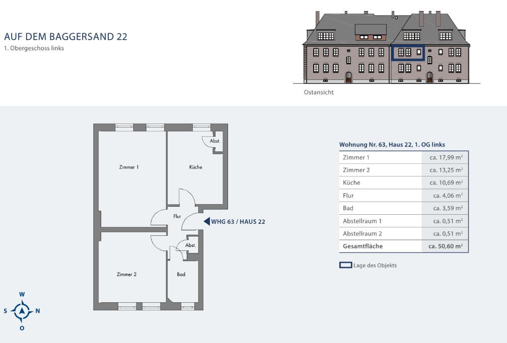 Grundriss einer Wohnung mit zwei Zimmern, Küche, Bad und Abstellräumen, sowie Außenansicht des Gebäudes.