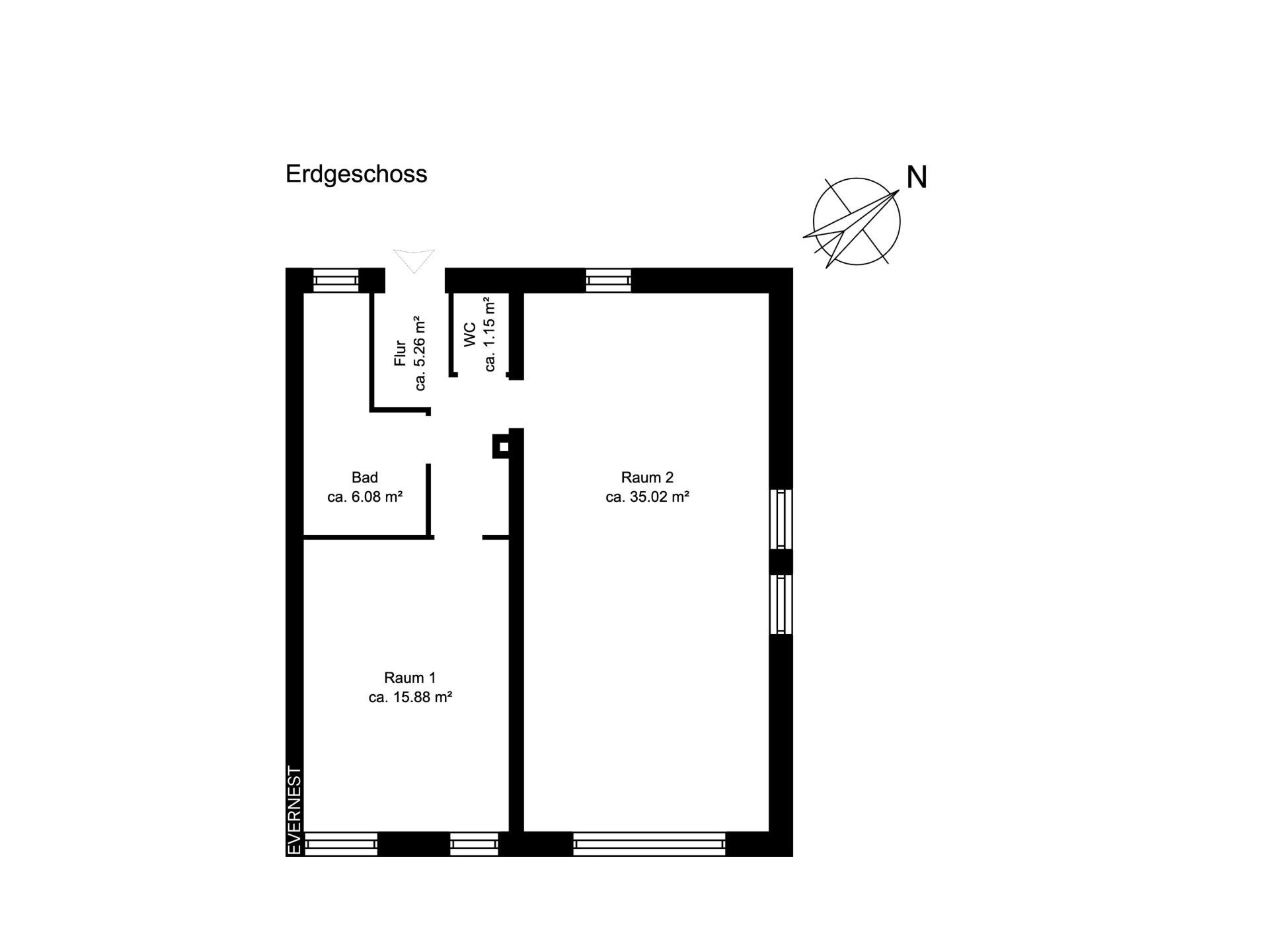 Grundriss des Erdgeschosses mit zwei Räumen, Bad, WC und Flur.