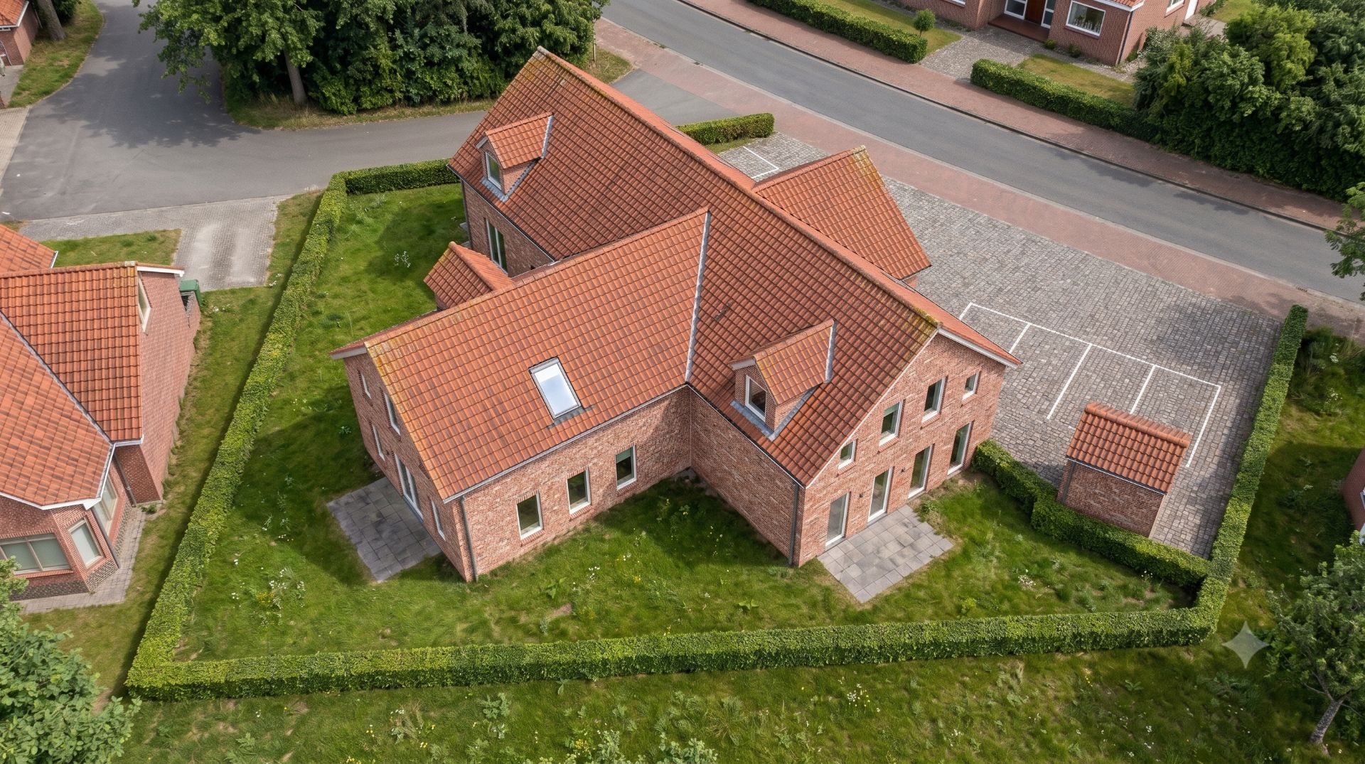 Luftaufnahme eines roten Backsteinhauses mit Satteldach und kleinem Garten an einer Straße.