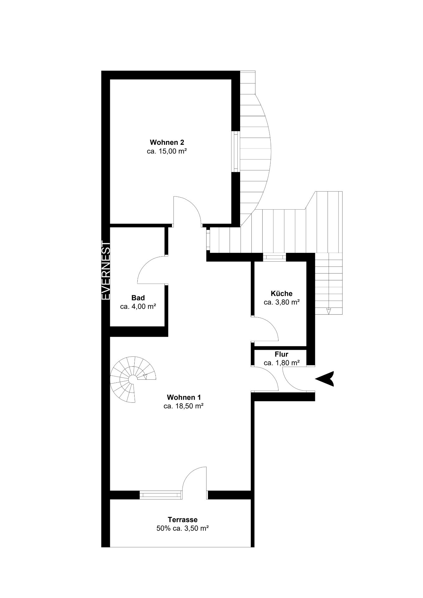 Grundriss einer Wohnung mit zwei Wohnräumen, Küche, Bad, Flur und Terrasse.
