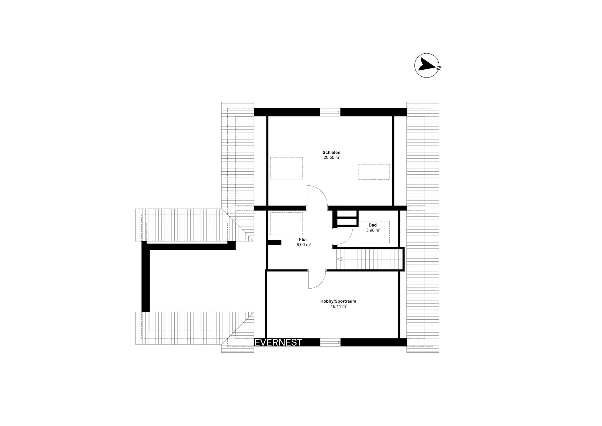 Grundriss mit Schlafzimmer, Bad, Flur und Hobbyraum, jeweils mit Quadratmeterangaben.