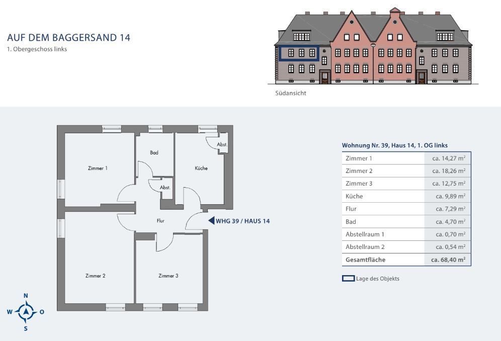 Grundriss einer Wohnung mit drei Zimmern, Küche, Bad und Abstellräumen, sowie Hausansicht von außen.