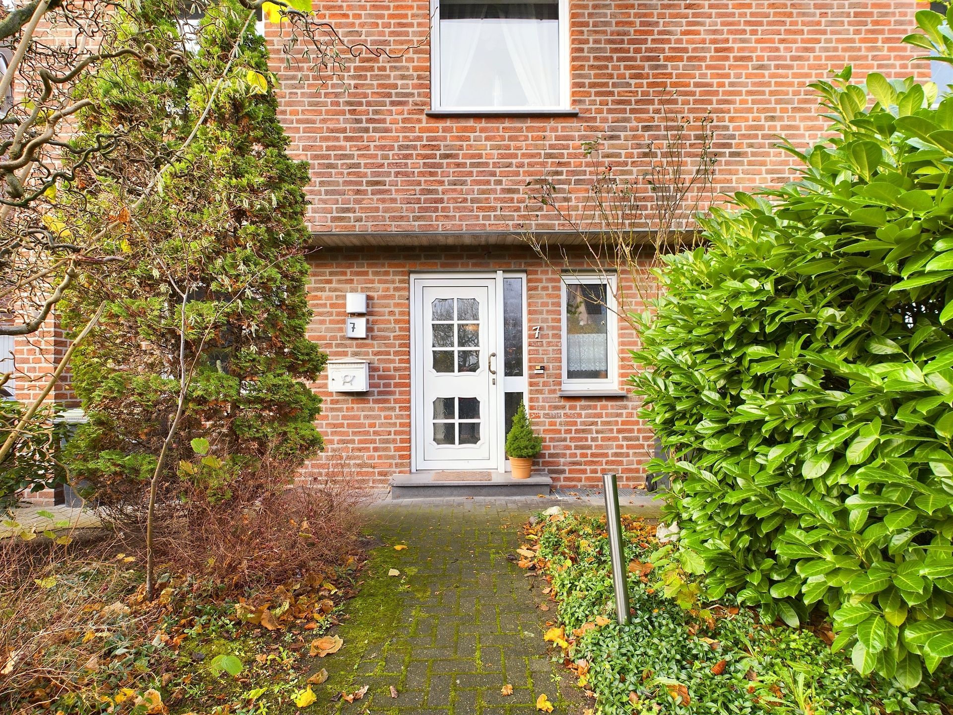 Eingang eines Backsteinhauses mit weißer Tür, kleinem Fenster und Gartenpflanzen.