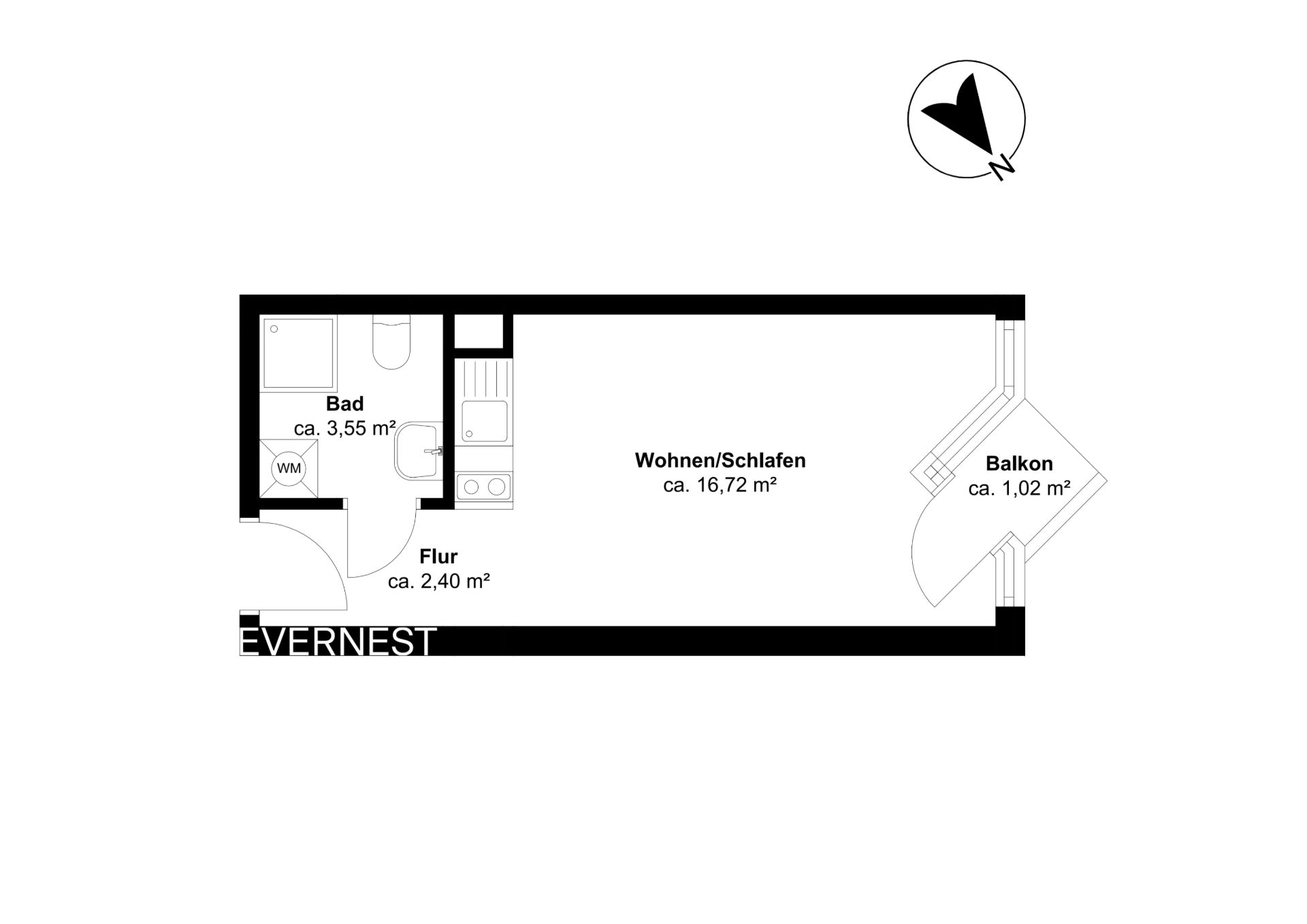 Grundriss einer kleinen Wohnung mit Bad, Flur, Wohn-/Schlafbereich und Balkon.