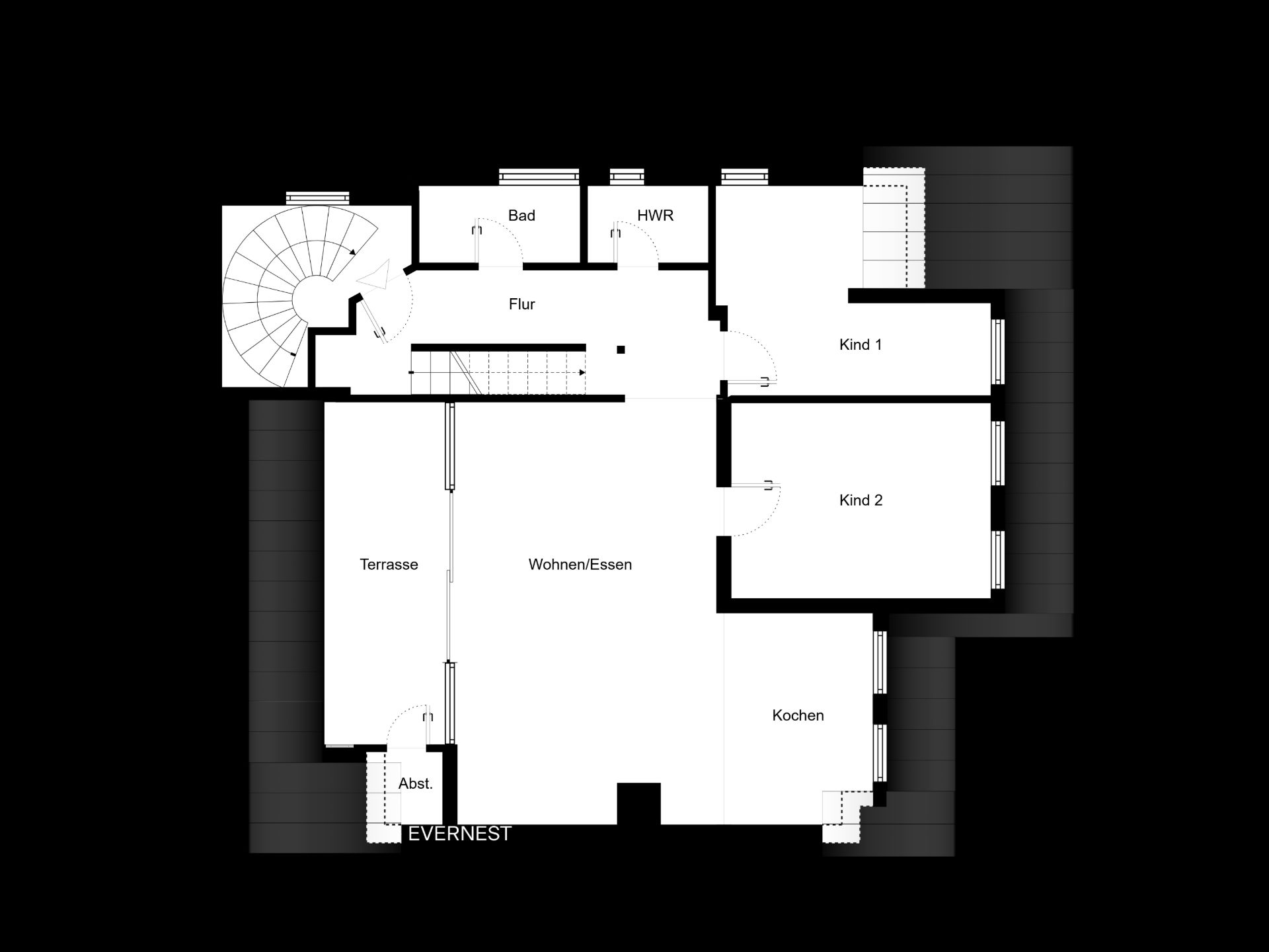 Grundriss einer Wohnung mit Terrasse, Wohnzimmer, Küche, Bad und zwei Kinderzimmern.