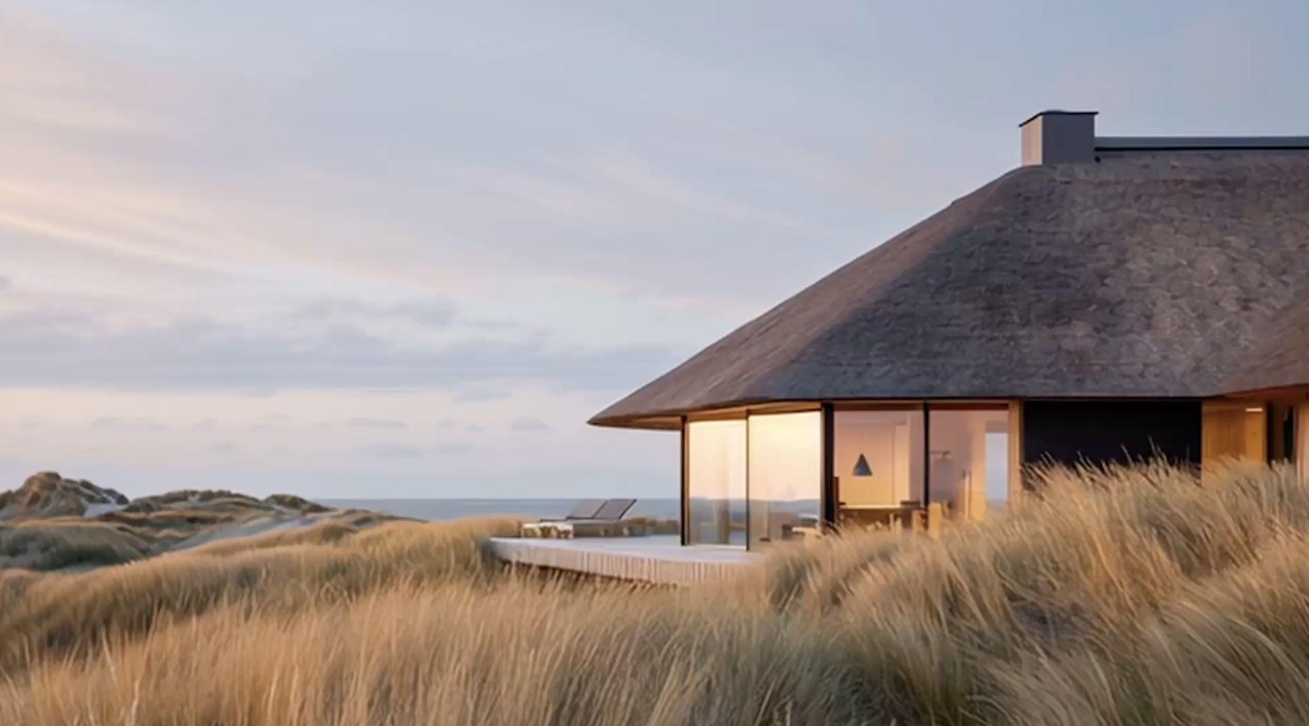 Modernes Haus mit großen Fenstern und Reetdach inmitten von Dünen und hohem Gras nahe dem Meer.
