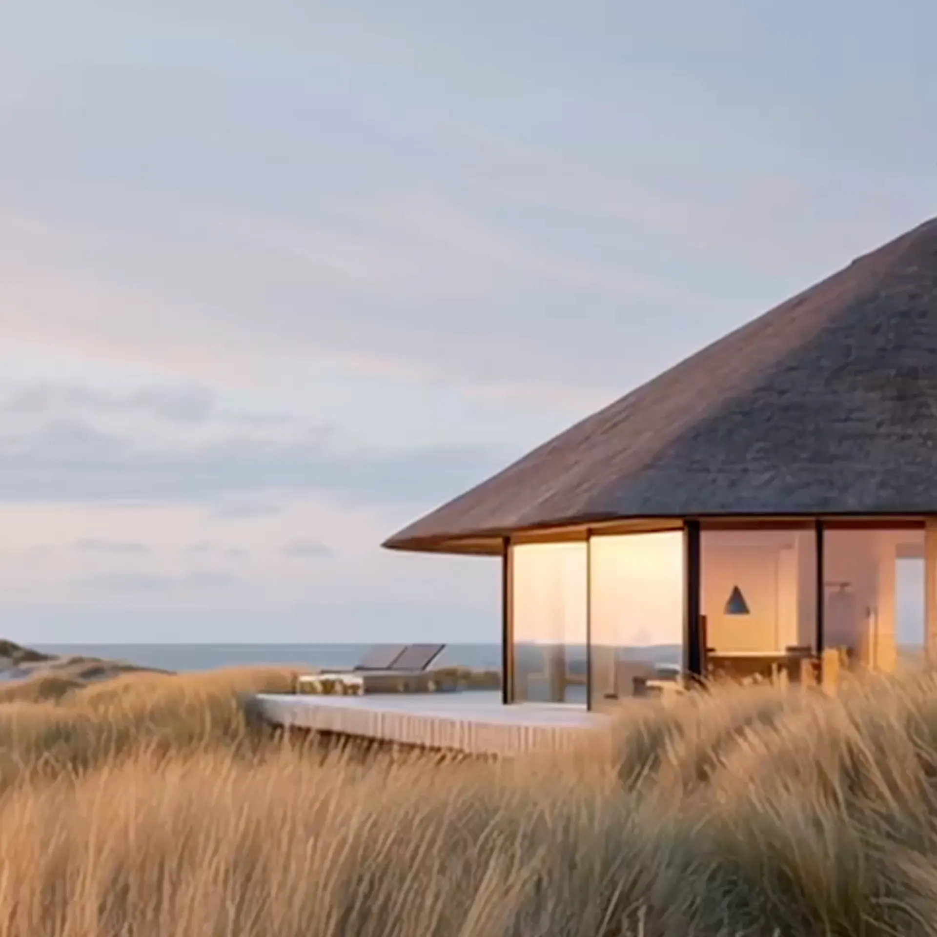 Modernes Haus mit großen Fenstern und Reetdach inmitten von Dünen und hohem Gras nahe dem Meer.