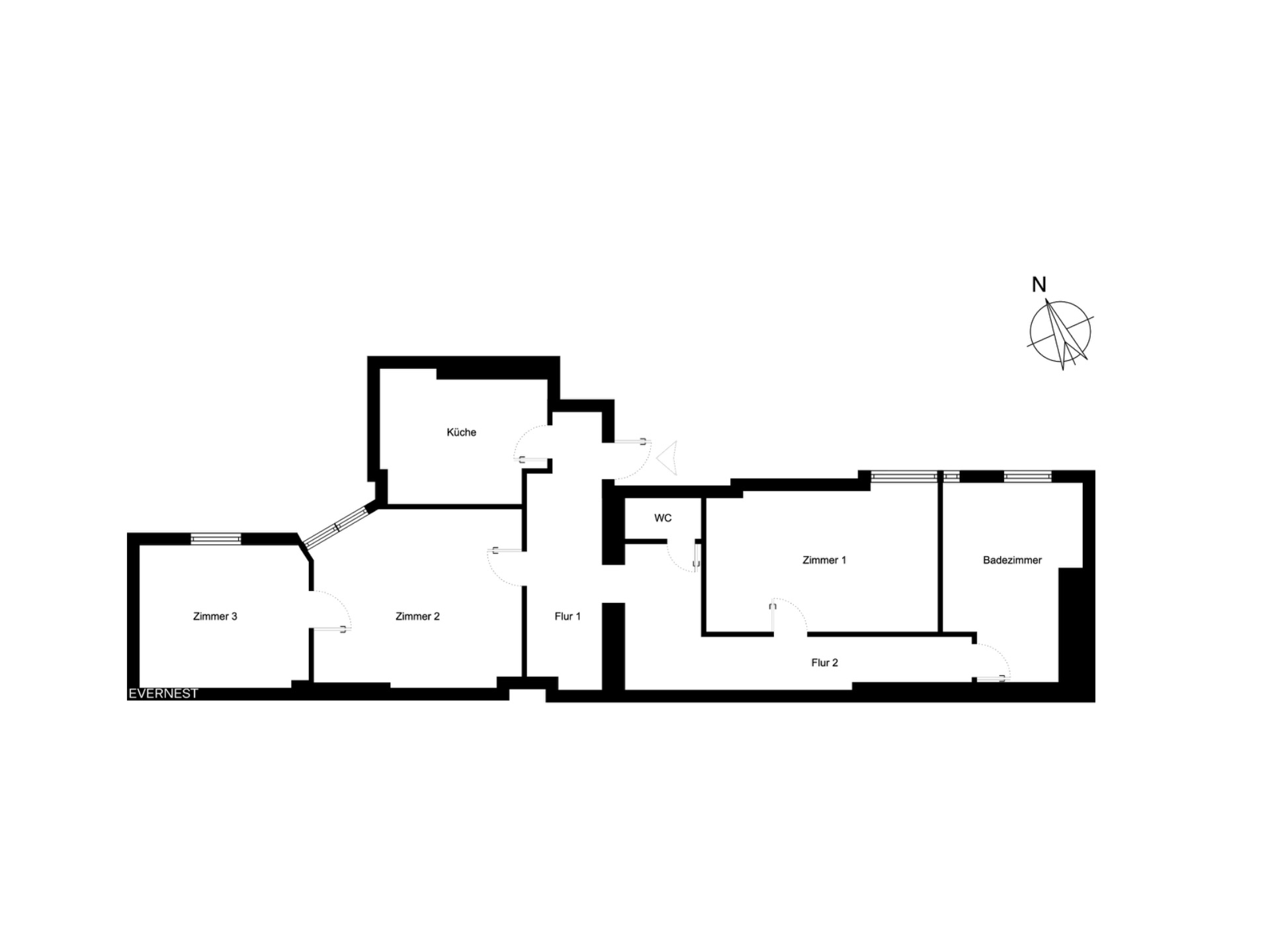 Grundriss mit drei Zimmern, Küche, Bad, WC und zwei Fluren.