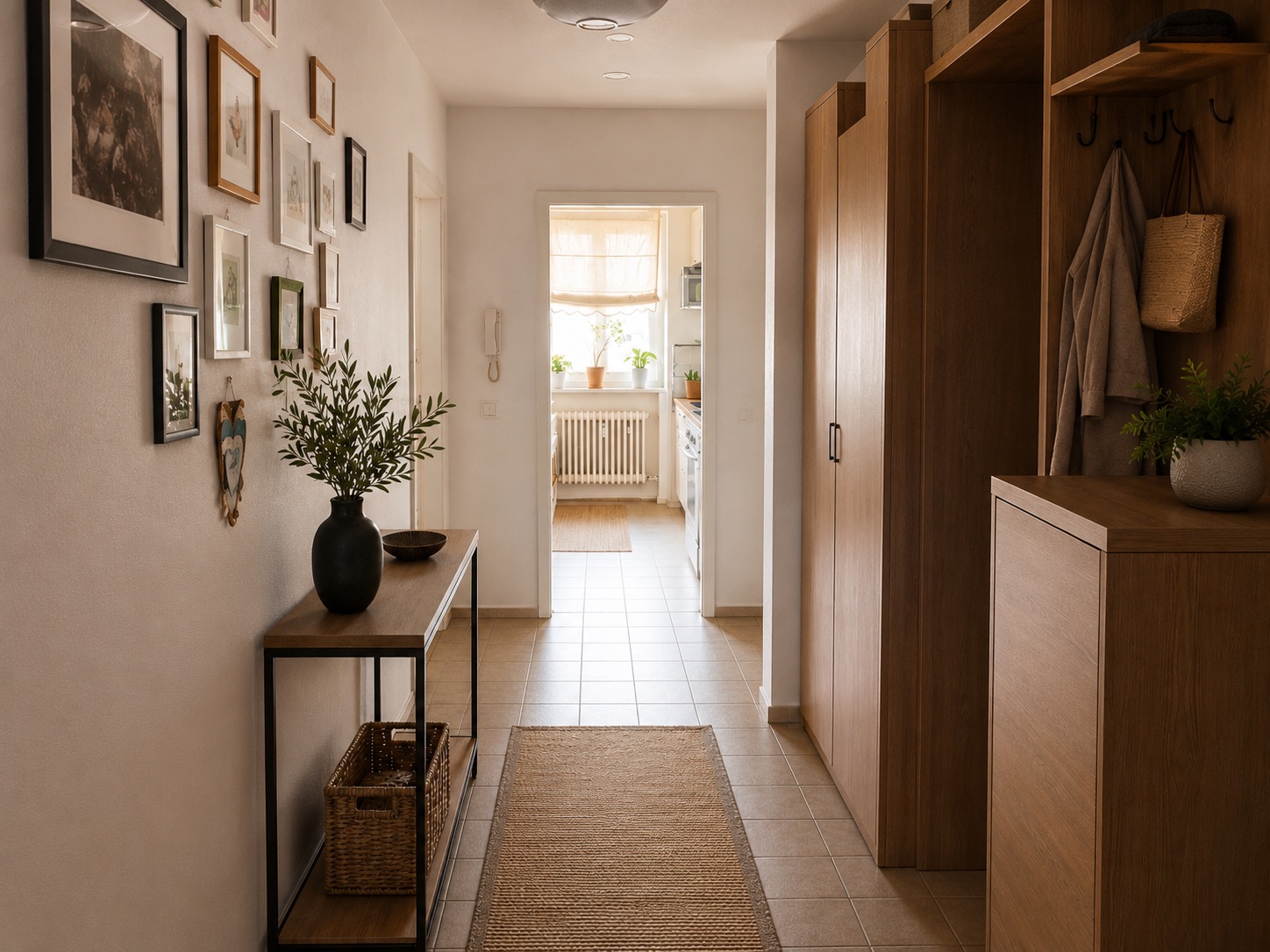 Heller Flur mit Bildern an der Wand, Holzmöbeln und Blick in eine Küche.