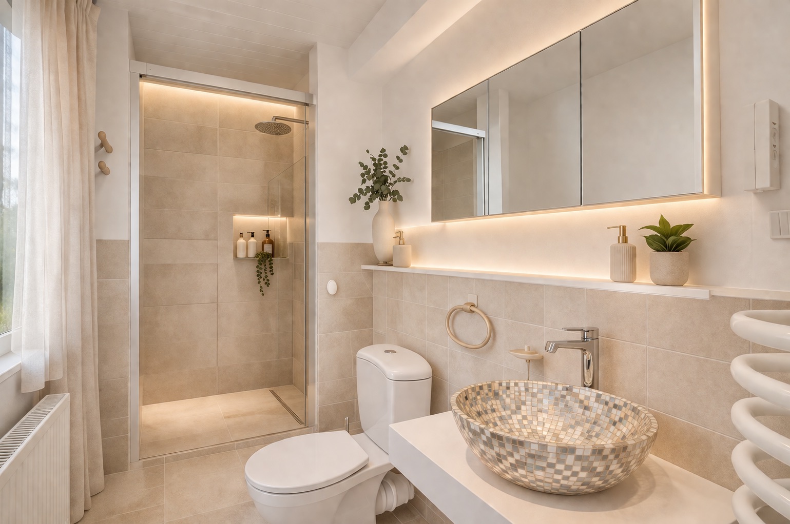 Modernes Bad mit Dusche, WC, Waschbecken, großem Spiegel und dekorativen Pflanzen.