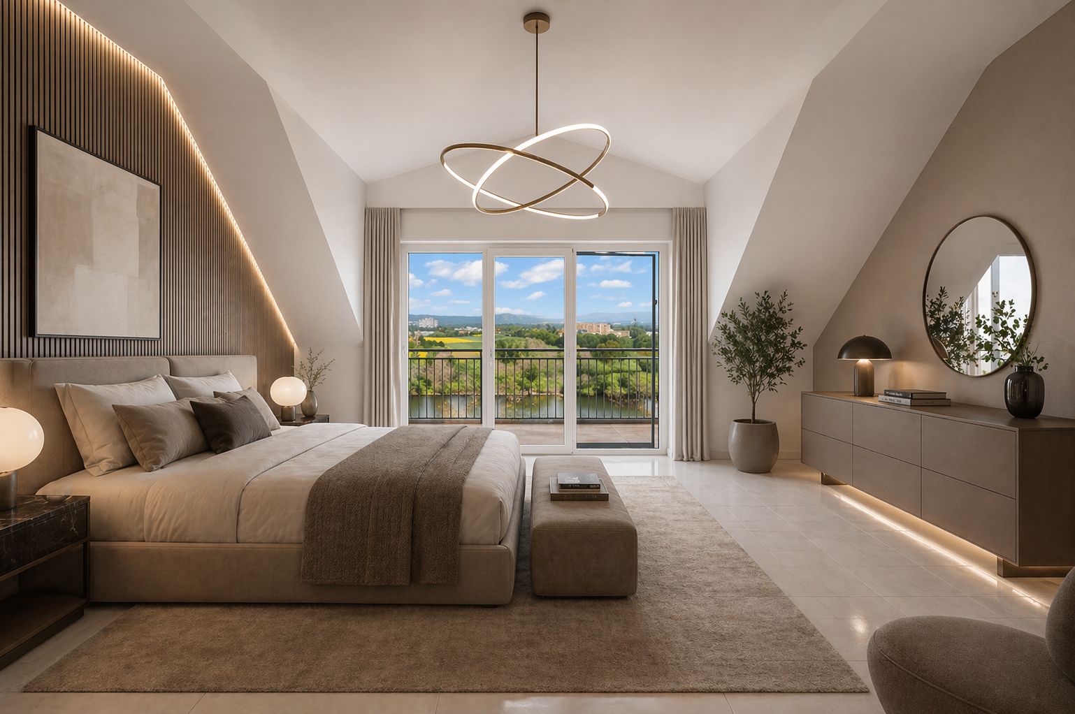 Modernes Schlafzimmer mit großem Bett, Deckeleuchte und Fenstern mit Ausblick auf grüne Landschaft.