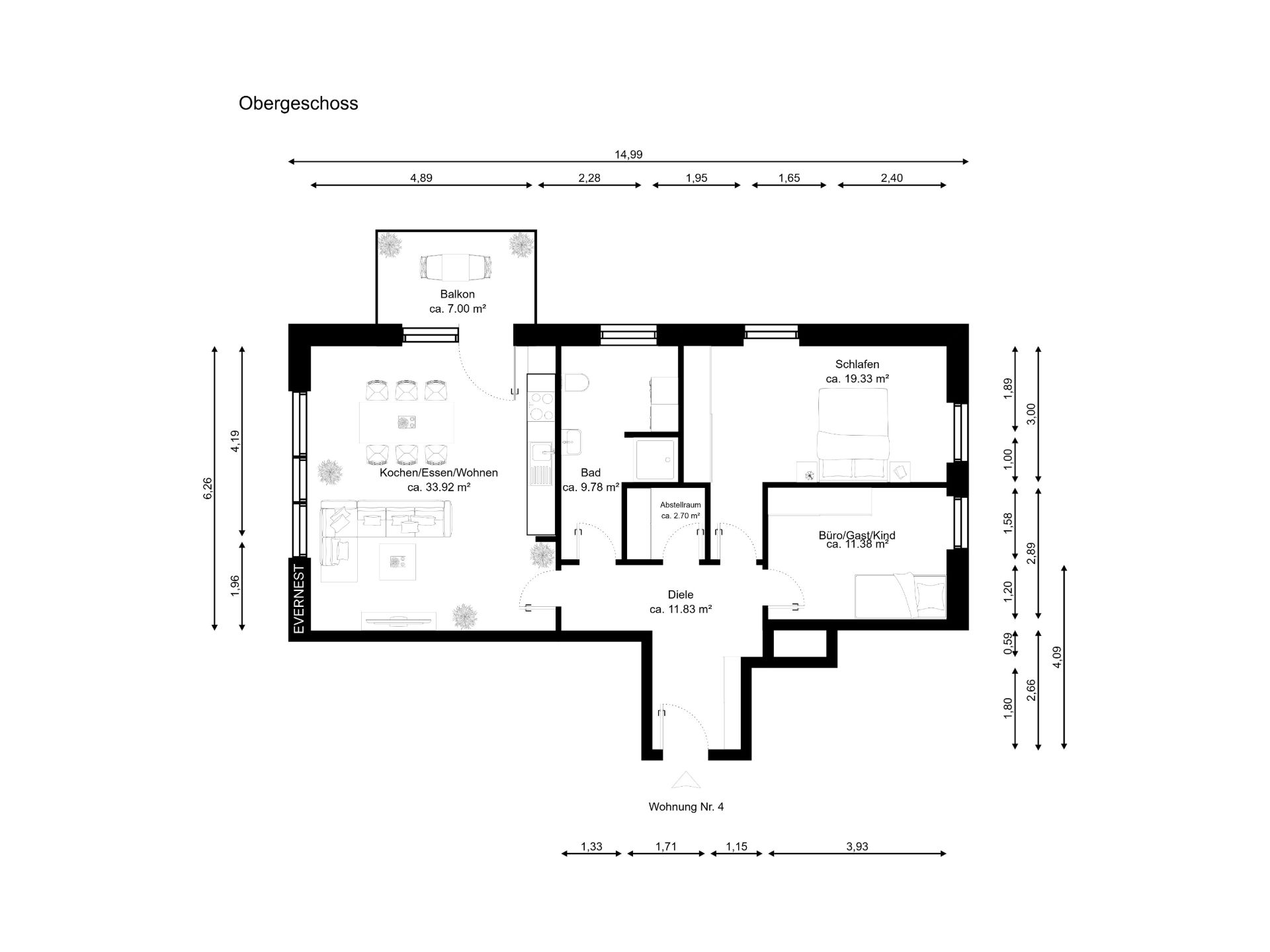 Grundriss einer Wohnung mit Balkon, Küche, Bad, Schlafzimmer und Büro.