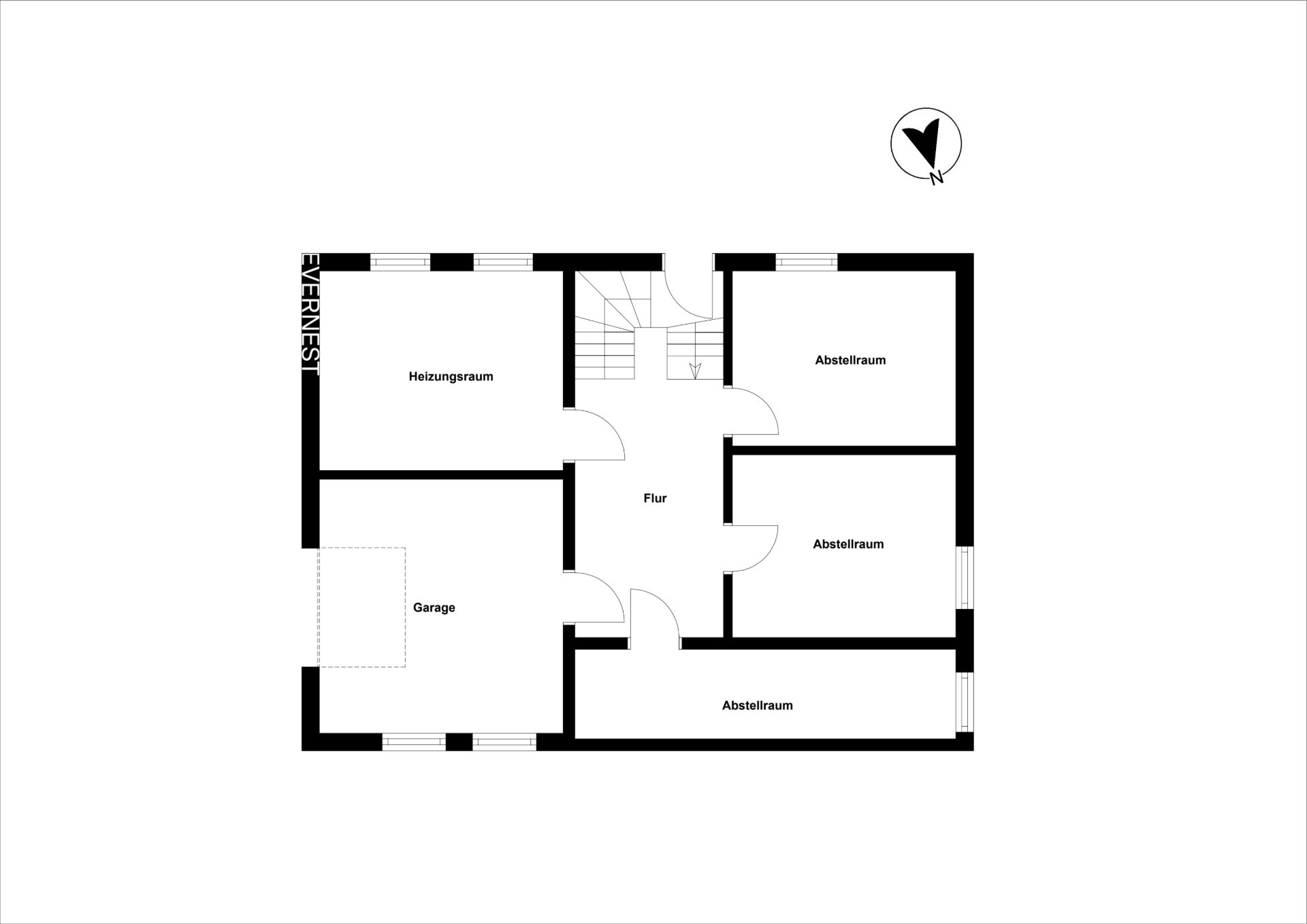 Grundriss eines Kellers mit Garage, Heizungsraum, Flur und mehreren Abstellräumen.