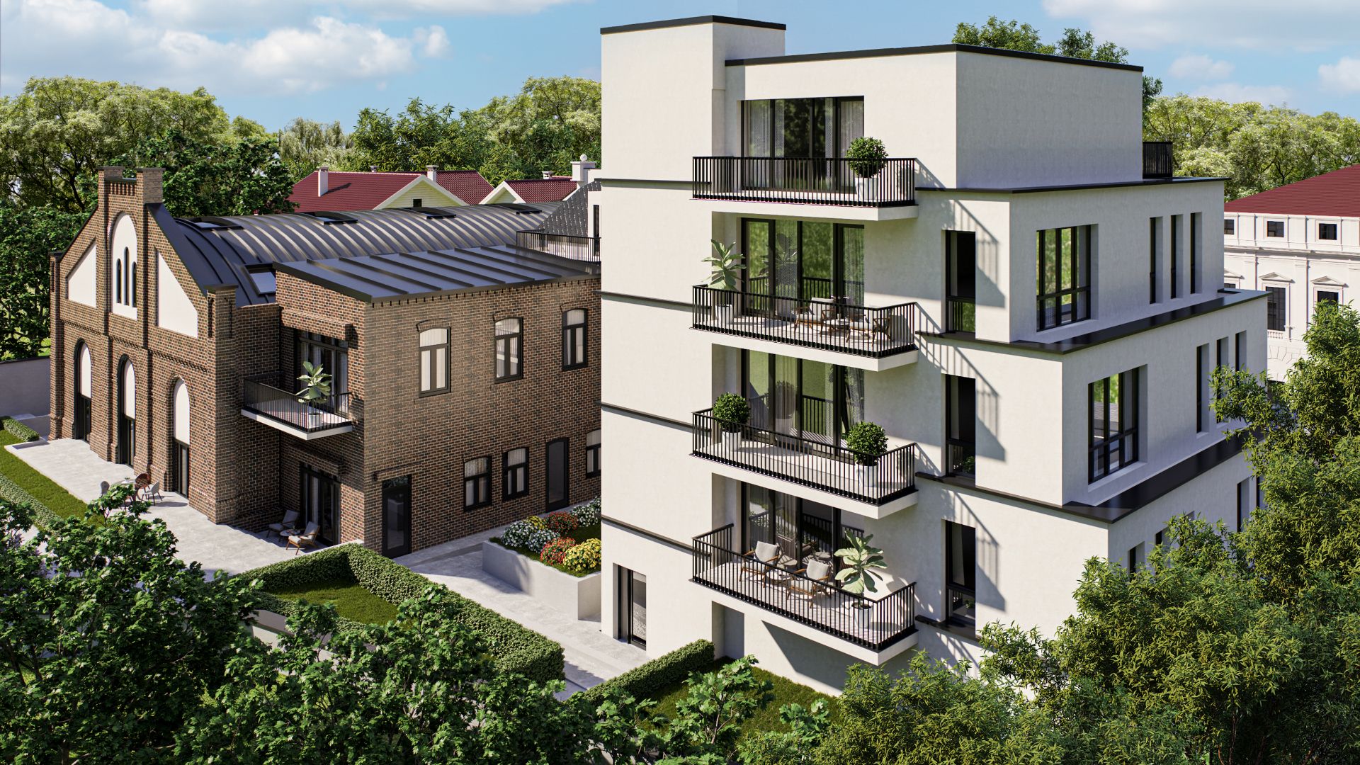 Modernes Wohngebäude mit Balkonen neben einem Ziegelhaus, umgeben von Bäumen und Grünflächen.