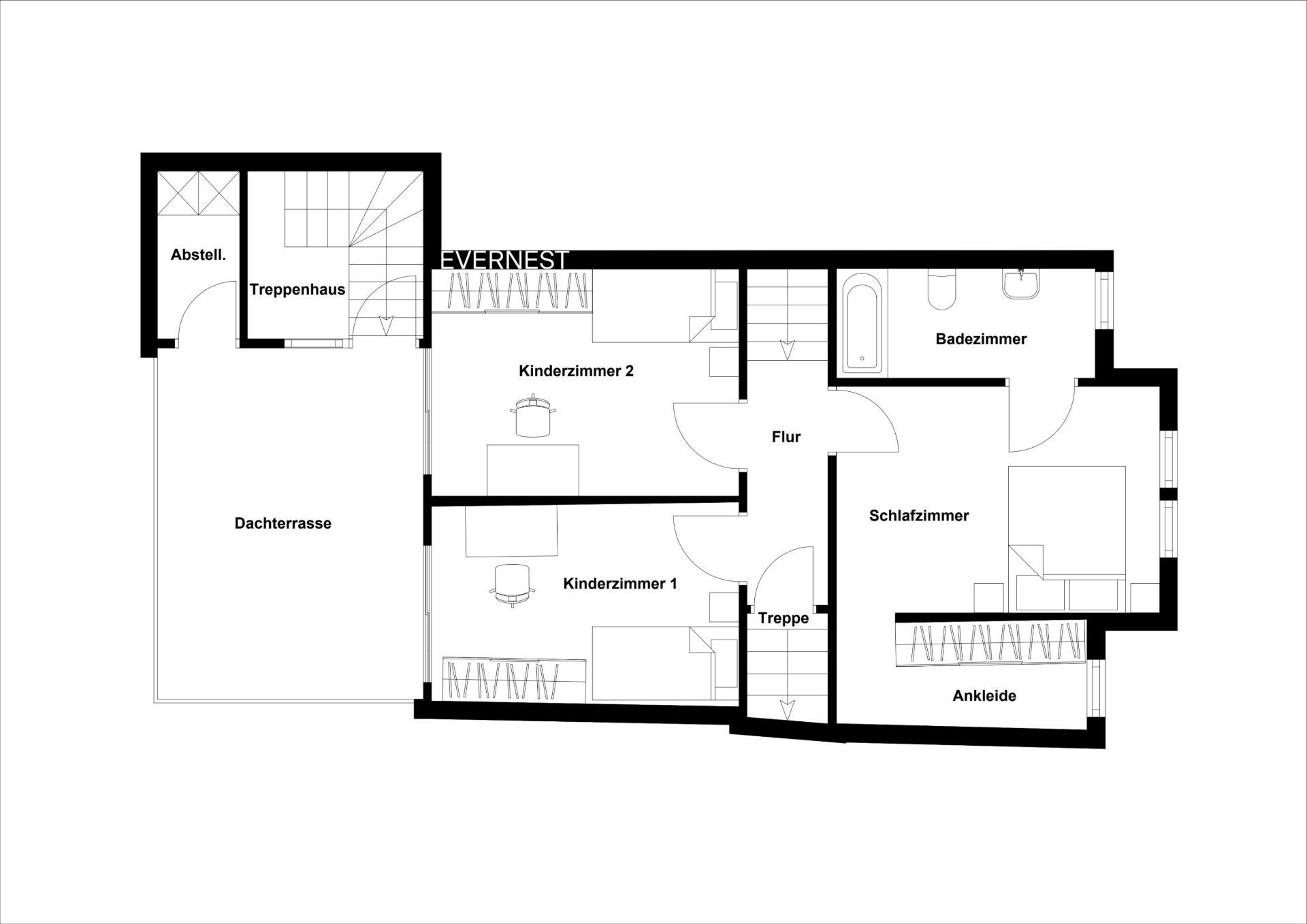 Grundriss mit zwei Kinderzimmern, Schlafzimmer, Ankleide, Badezimmer, Flur und Dachterrasse.