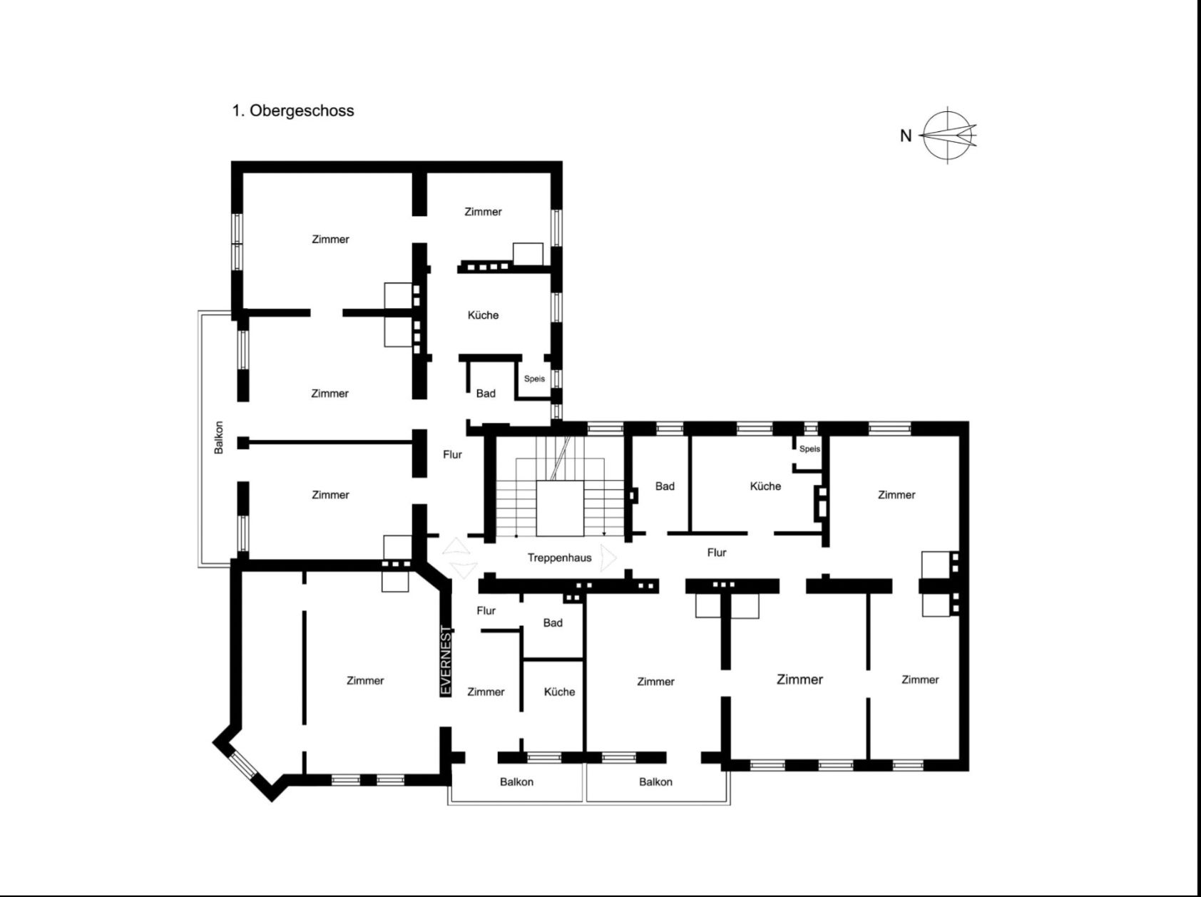 Grundriss eines Obergeschosses mit mehreren Zimmern, Küchen, Bädern, Fluren und Balkonen.
