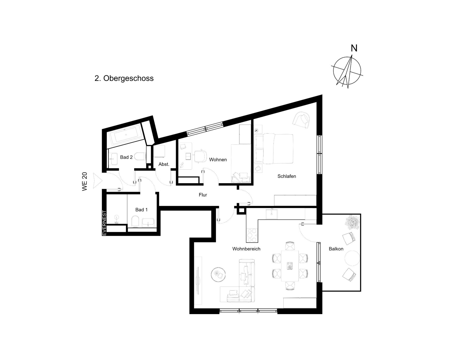 Grundriss einer Wohnung mit zwei Badezimmern, Schlafzimmer, Wohnbereich und Balkon.