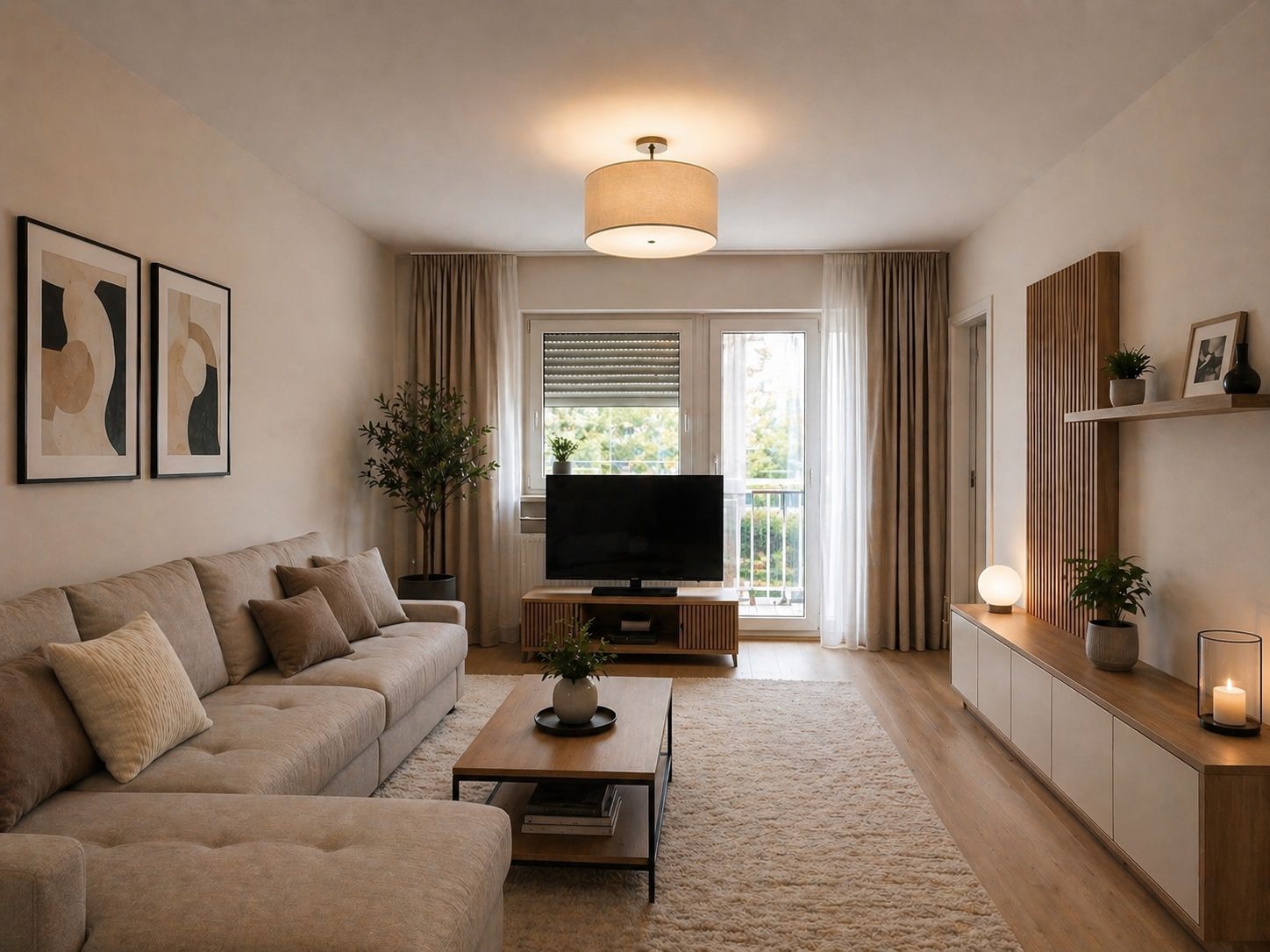 Modernes Wohnzimmer mit beiger Couch, Couchtisch, Fernseher und großen Fenstern.