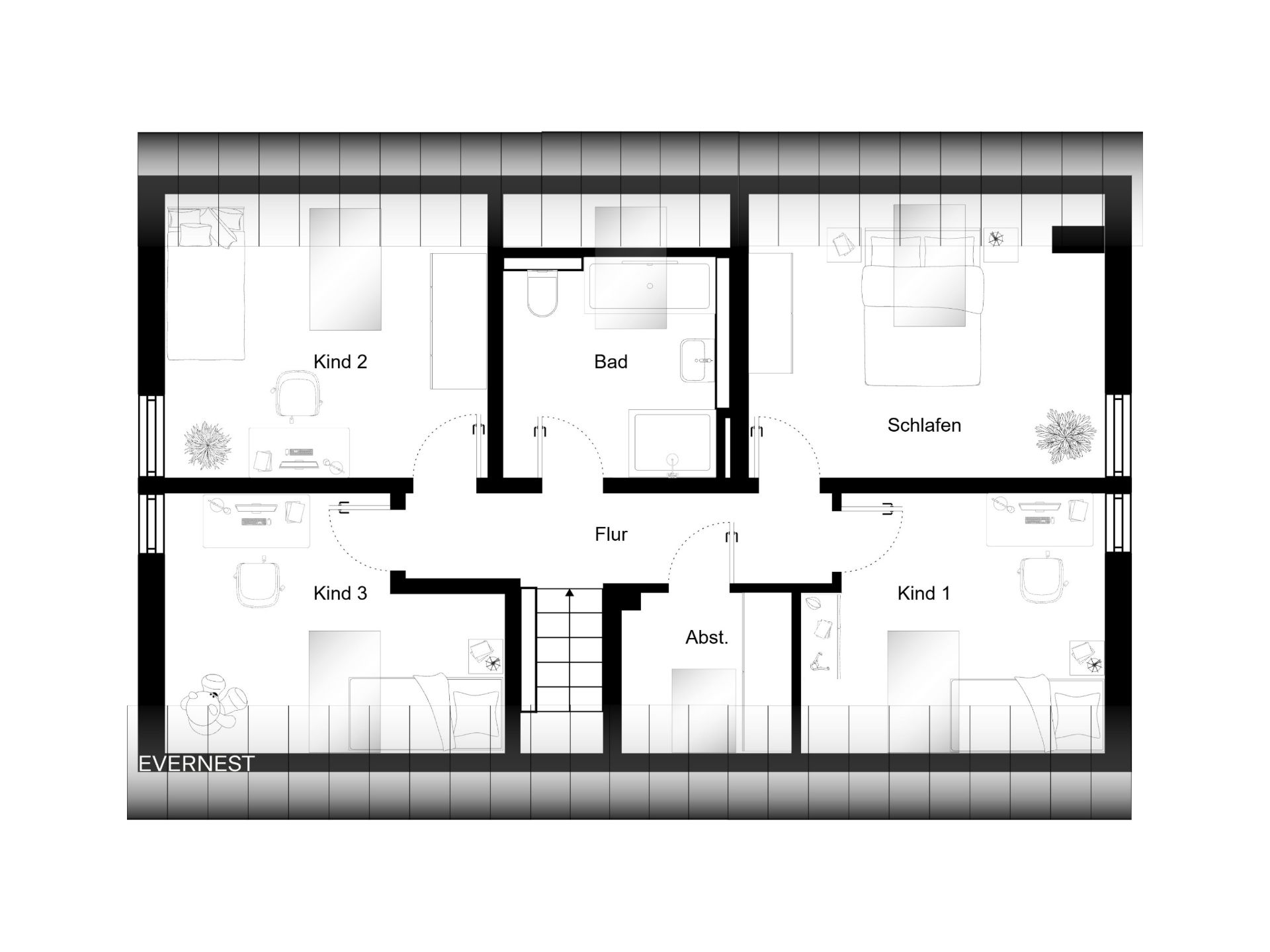 Grundriss mit drei Kinderzimmern, Schlafzimmer, Bad, Abstellraum und Flur.
