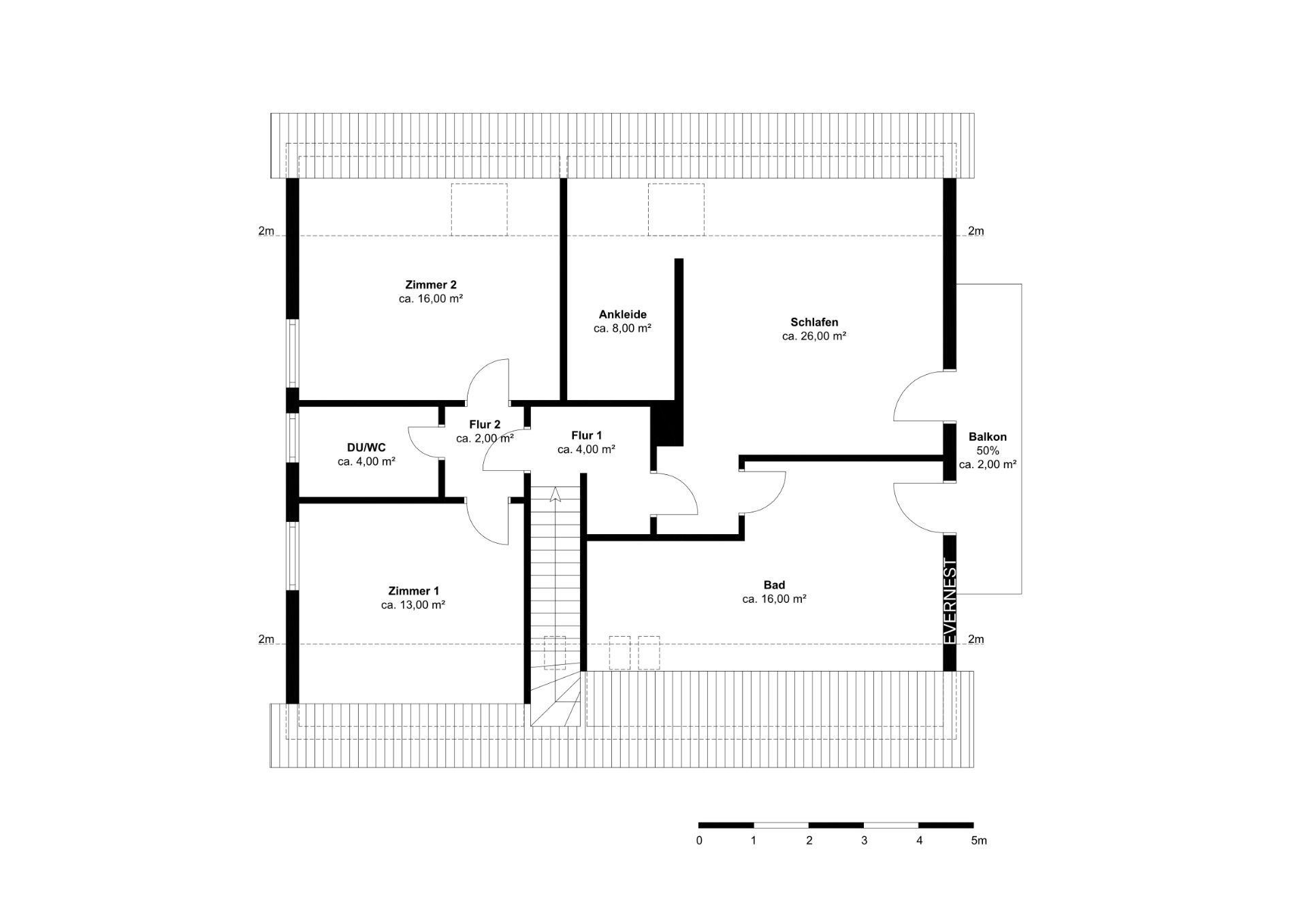 Grundriss einer Wohnung mit zwei Zimmern, Bad, DU/WC, Ankleide, Flur und Balkon.